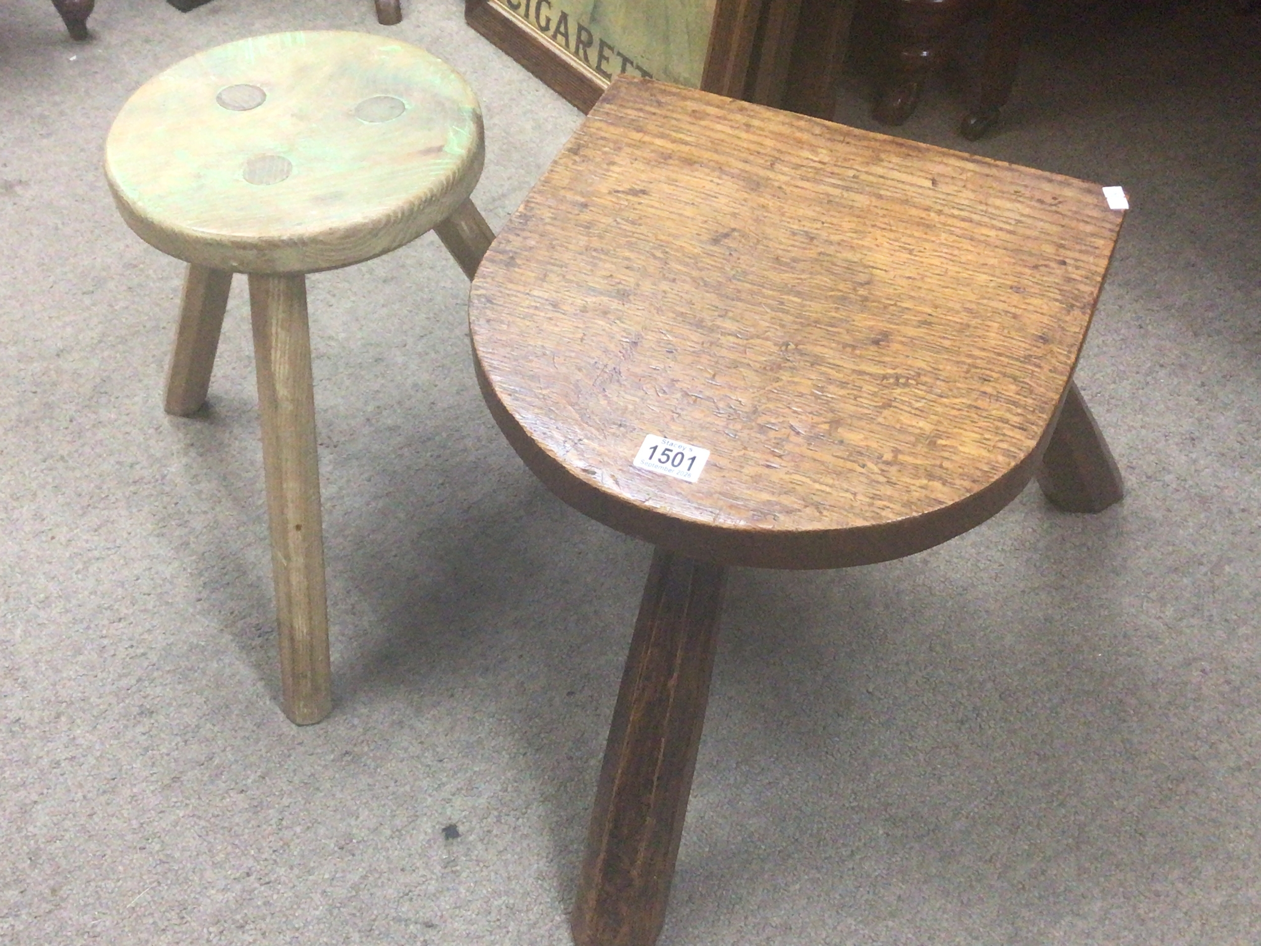 Two Vernacular oak and green limed oak stools (2) 