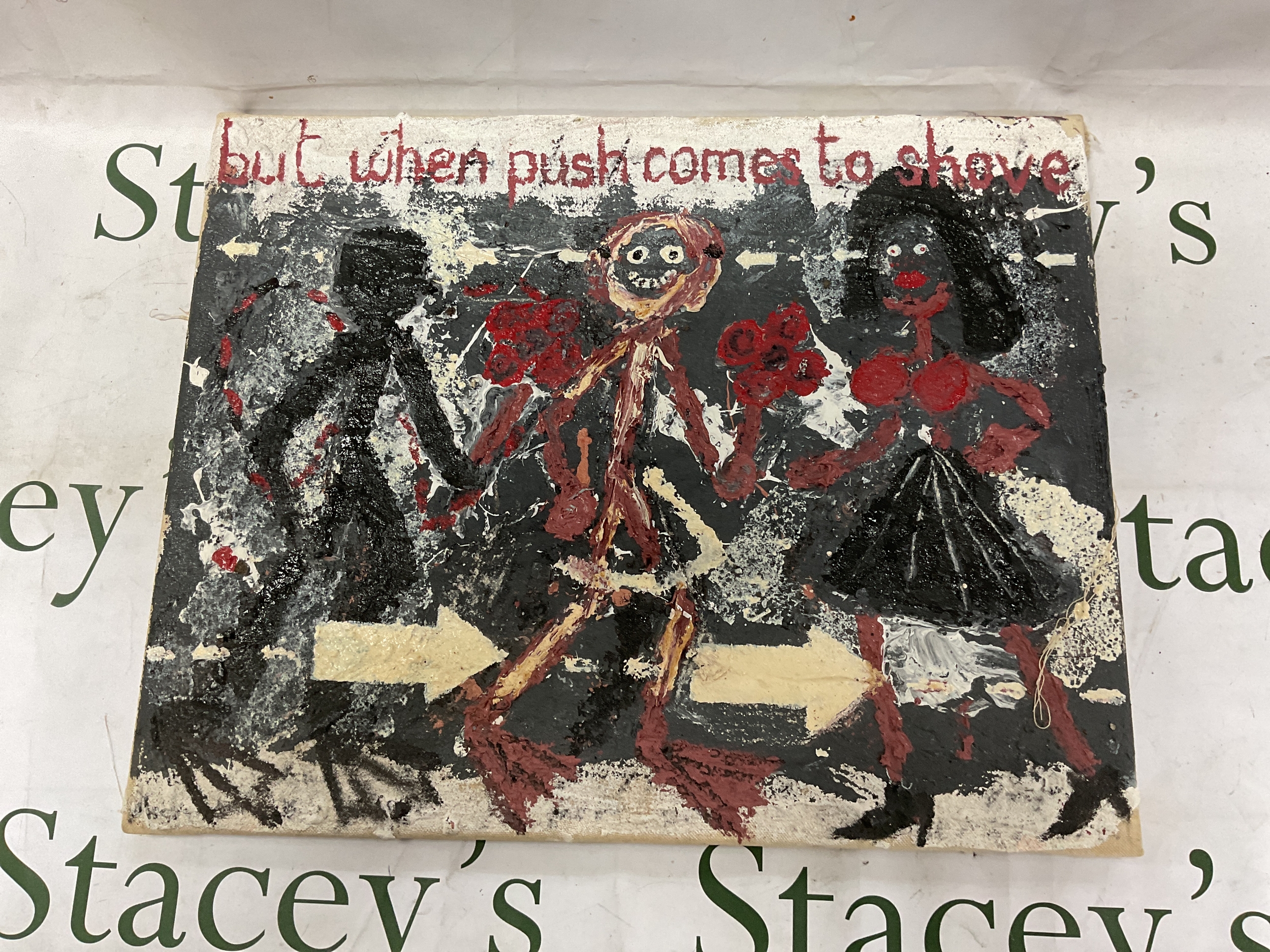 Joel S Dickens, (1974-), "But when push comes to shove". 41 cm x 51 cm.