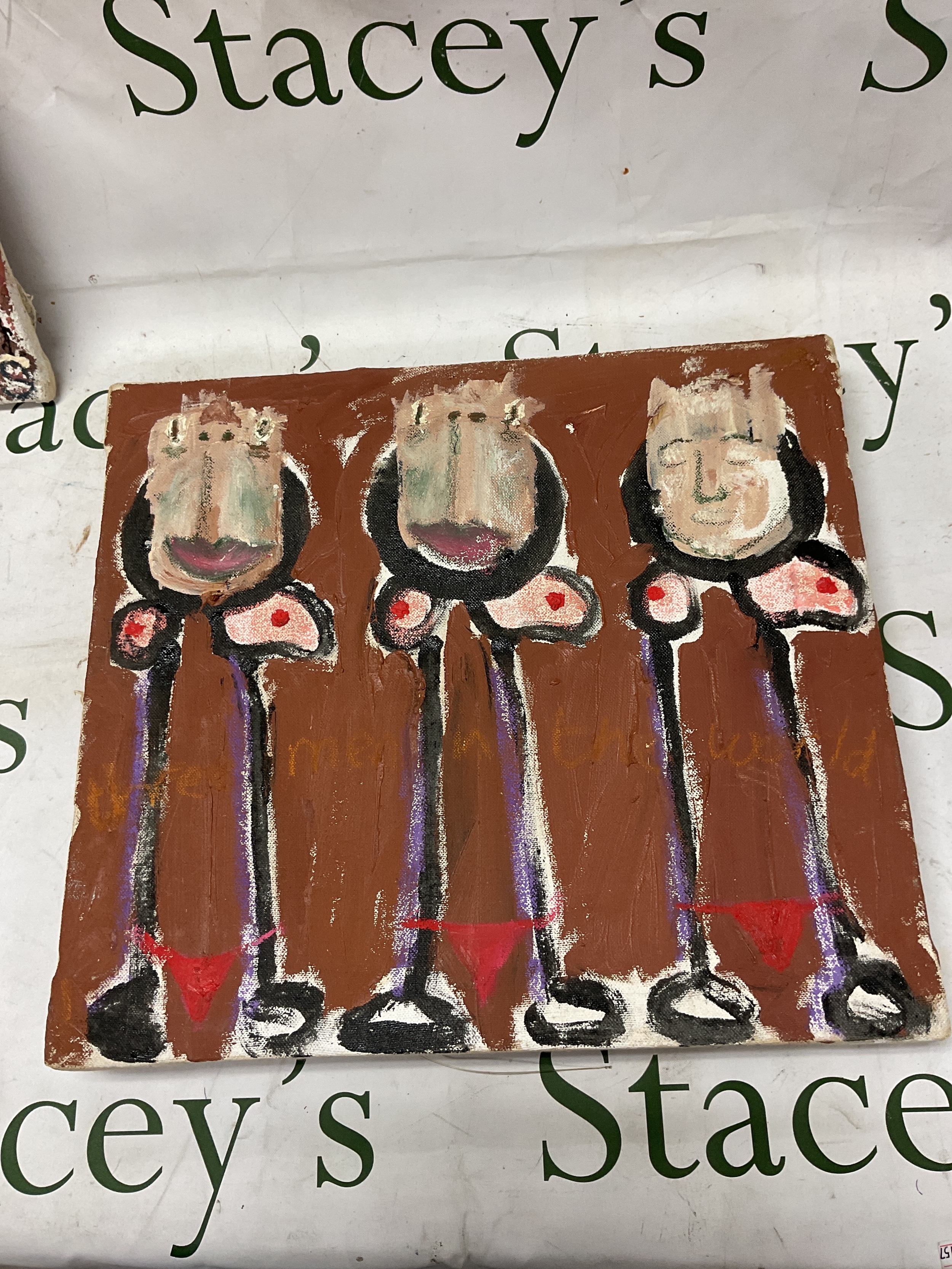 Joel S Dickens (1974-), "Three men in the World", 35 cm x 39cm.
