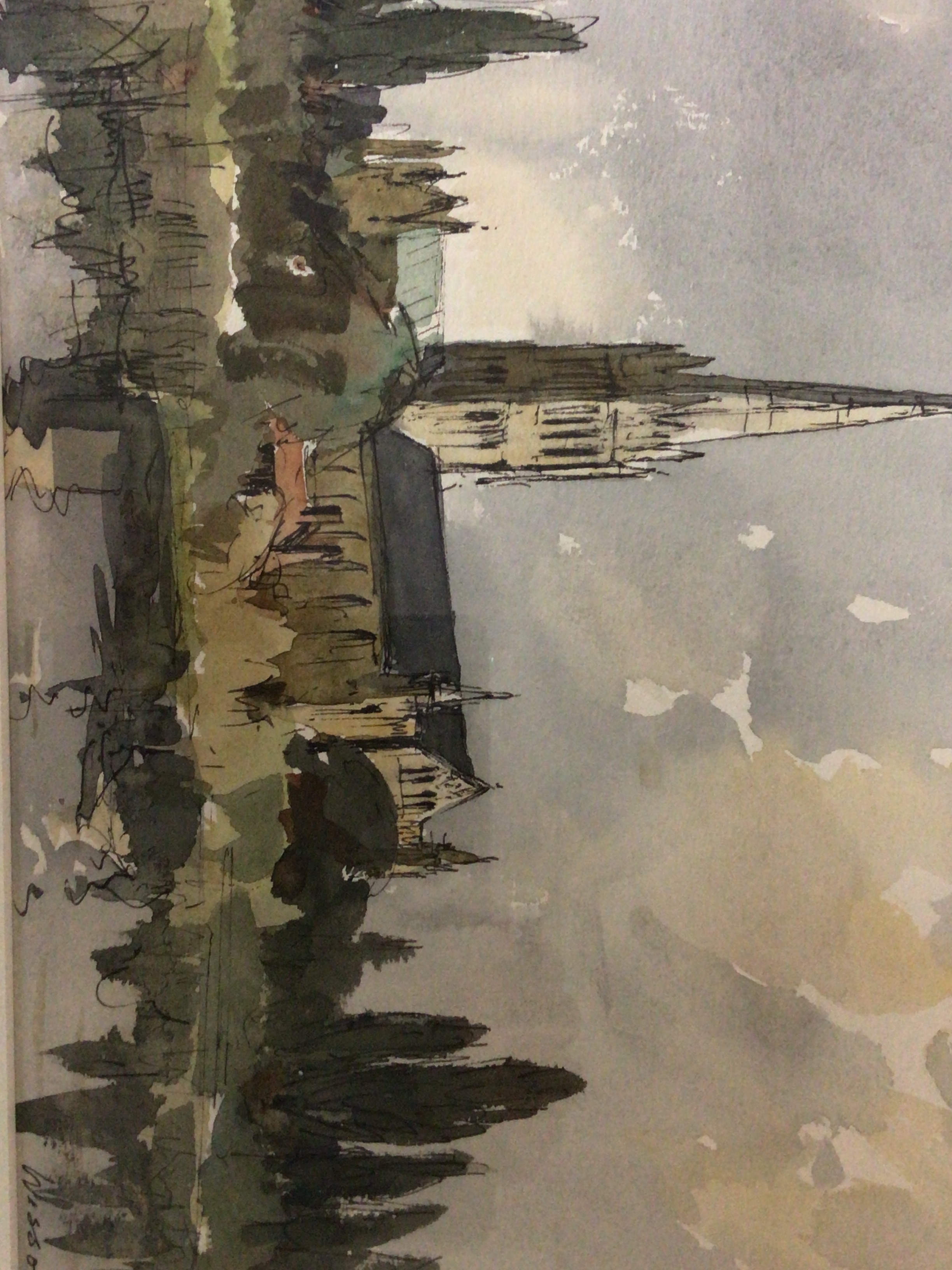 A framed watercolour landscape study of a church signed Wesson Henry Wesson RI RBA RSMA (1910-1983) 49x45 cm.