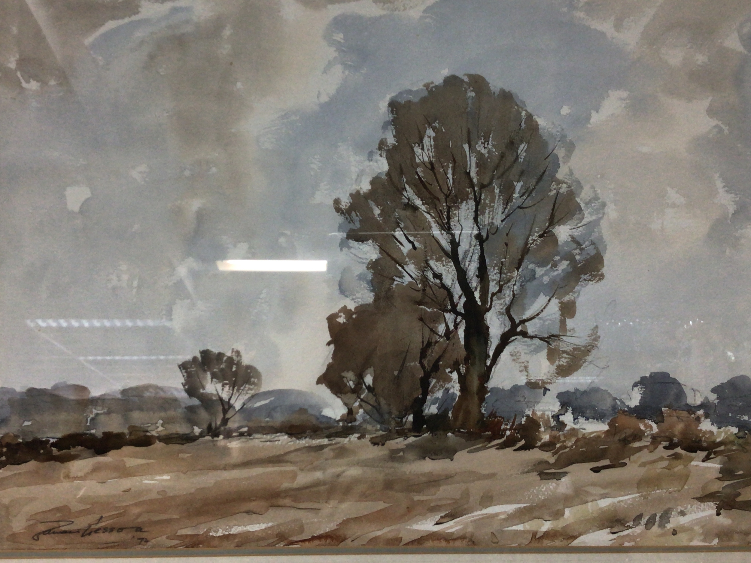 A large framed watercolour Landscape with Trees 1972 signed by Edward Wesson RI RBA RSMA. The Reverse with Gallery Label The Sadler Street Gallery. 93x72cm
 