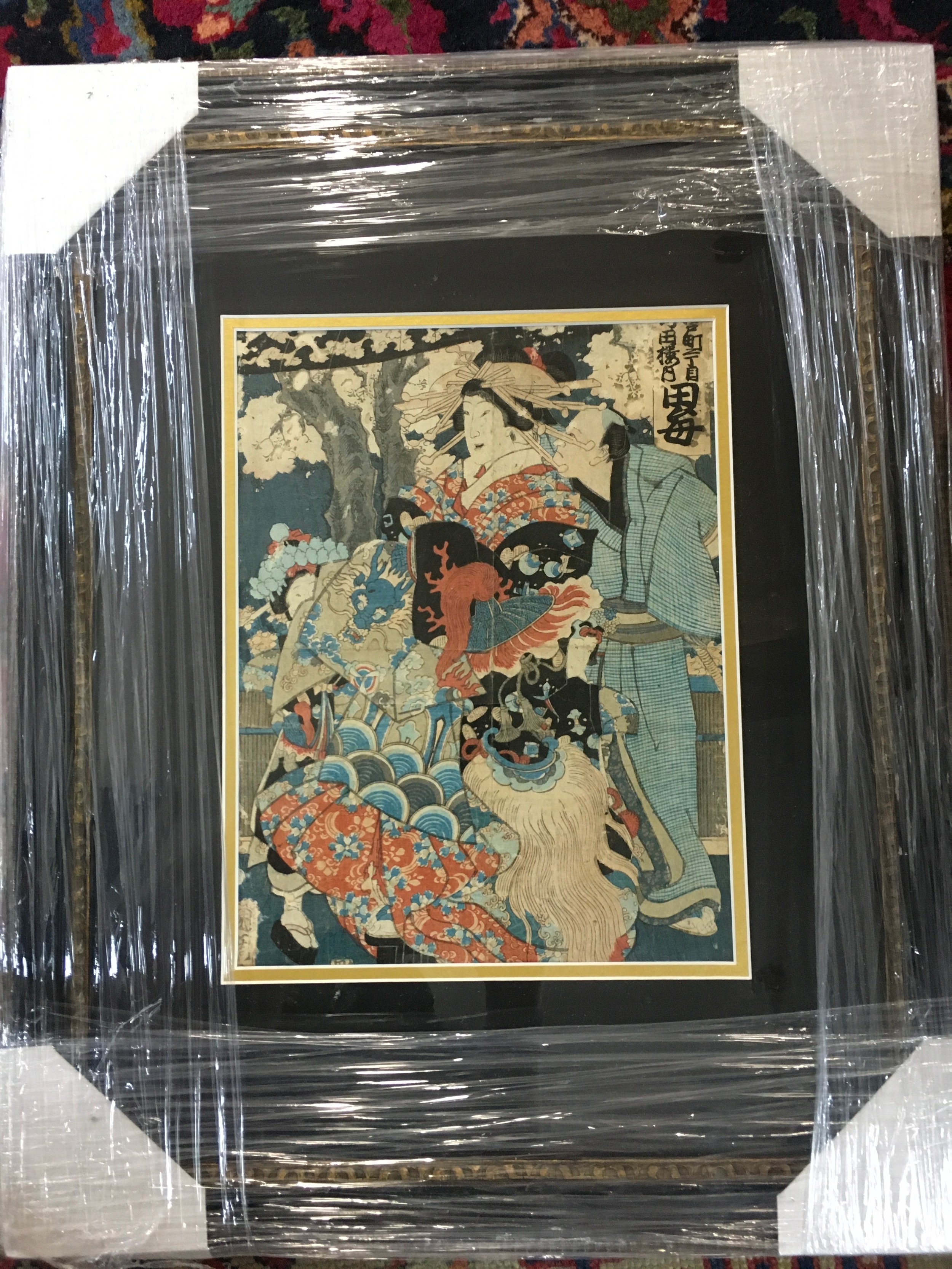 A Japanese art print, kabuki scene with a courtesan. Frame 46x58cm. picture dimensions 25x34cm NO RESERVE