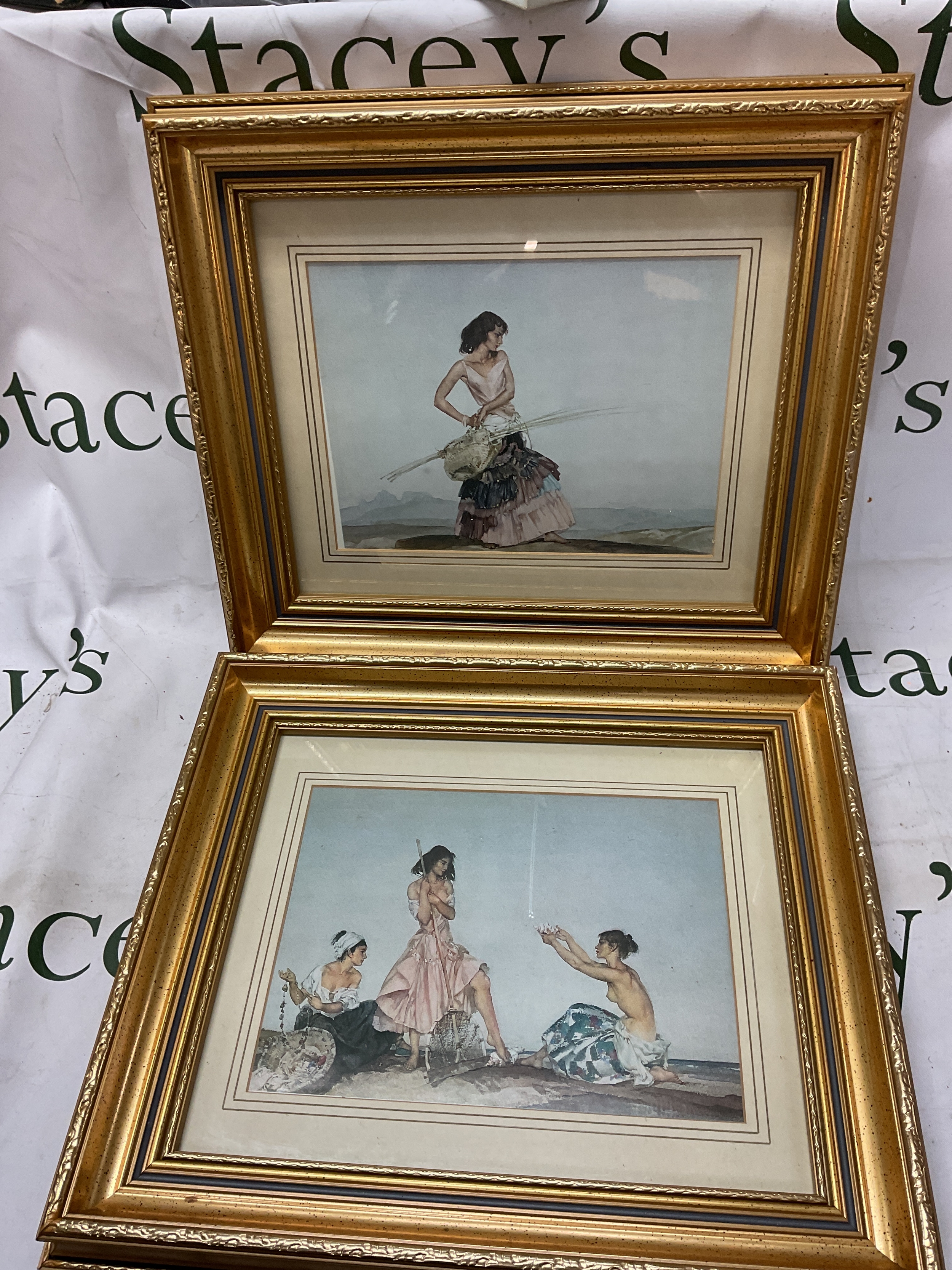 Pair gilt framed Sir Russel Flint prints. 18 cm x 24 cm. NO RESERVE