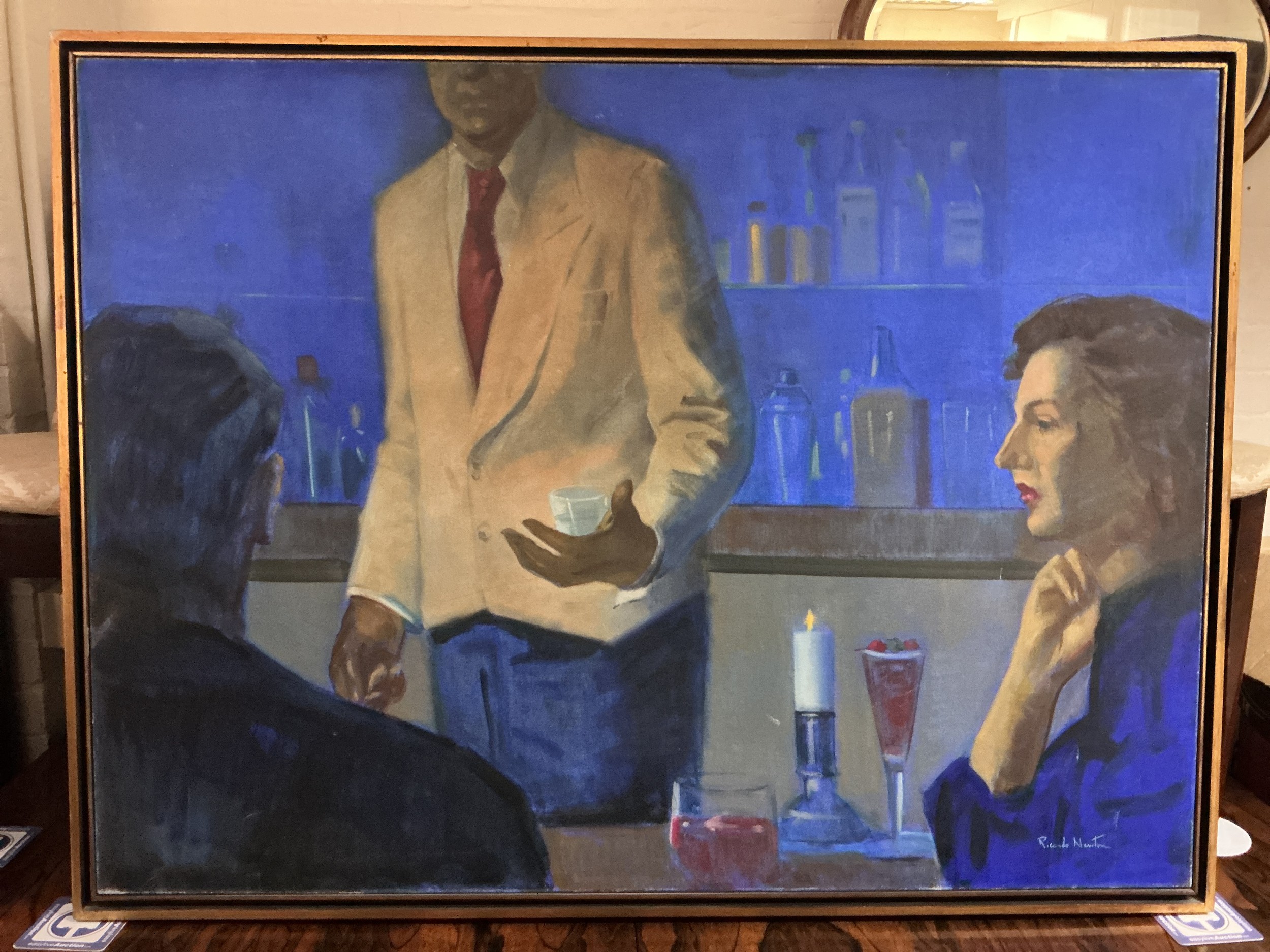 Ricardo Newton (1950). A large oil on canvas titled 'Drinks & Dramas', approx 120cm x 90cm.