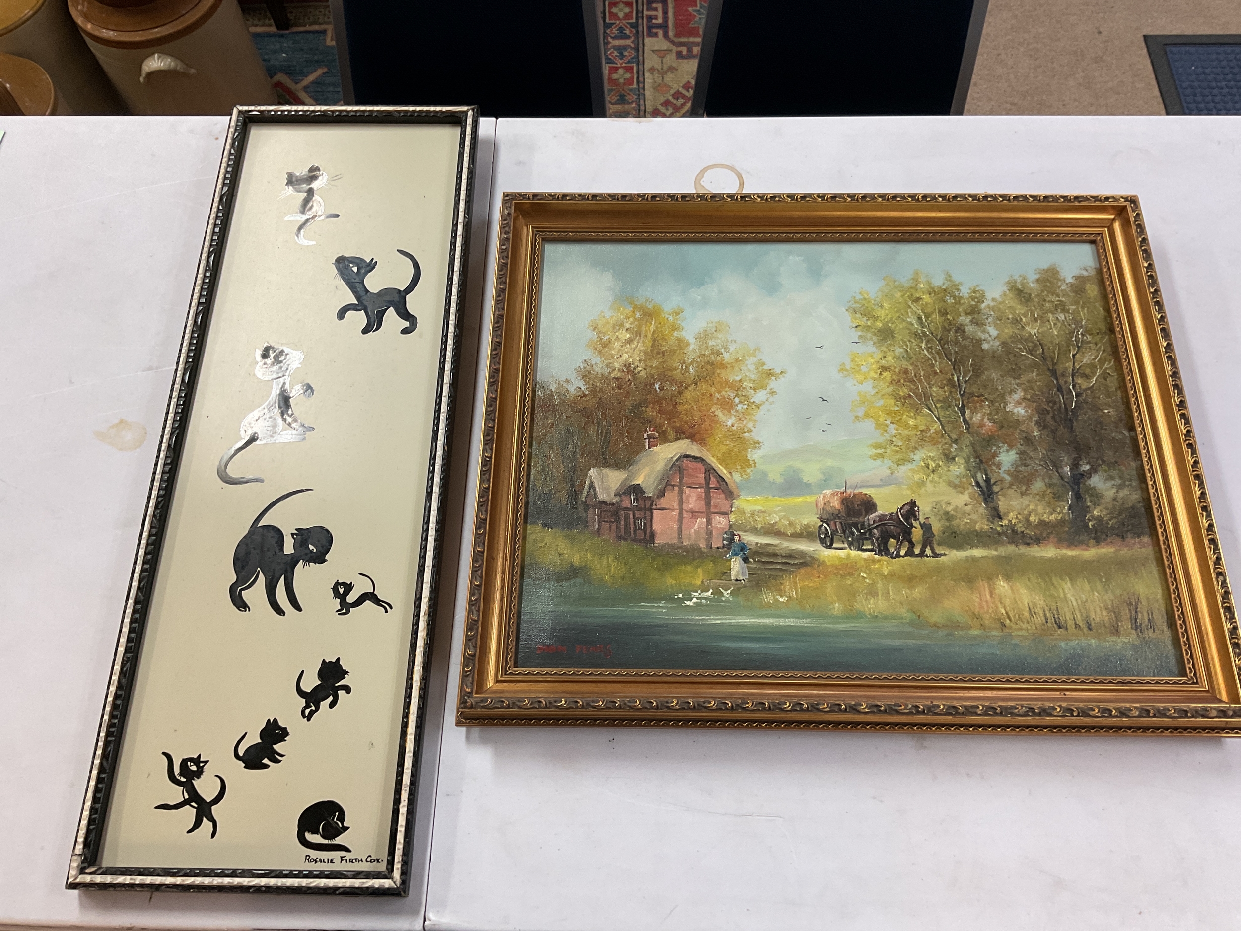 Rosalie Firth Cox black cat picture along with Dion Pears oil on canvas of farm scene.both local artists.