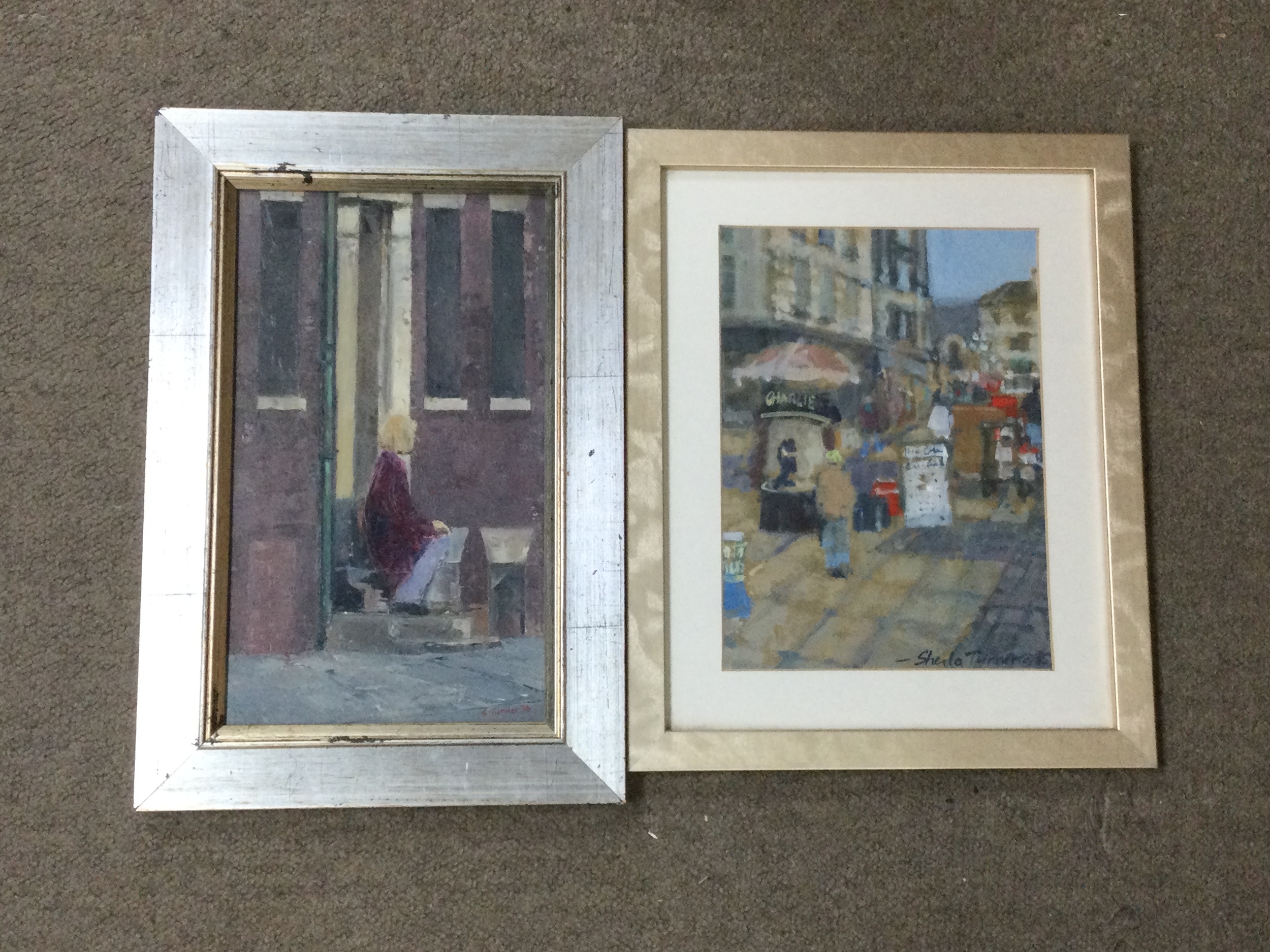 Two pictures oil paintings,  girls life from a stonestep by sheila turner and street scene pastel by Sheila turner.