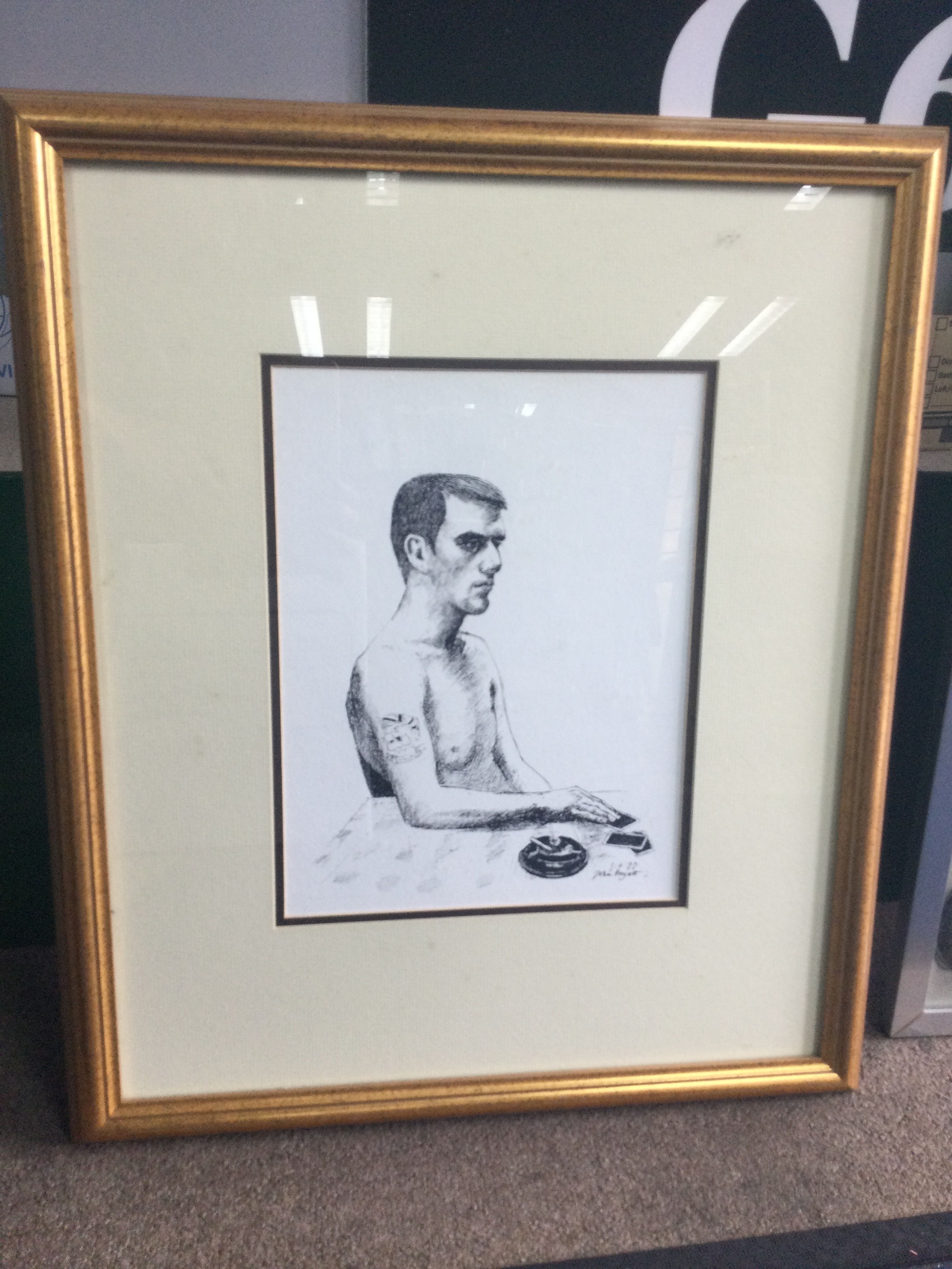 Prisoner sketched in prison by John Myatt, notorious for contemporary art fraud. Print. Frame 49x58cm