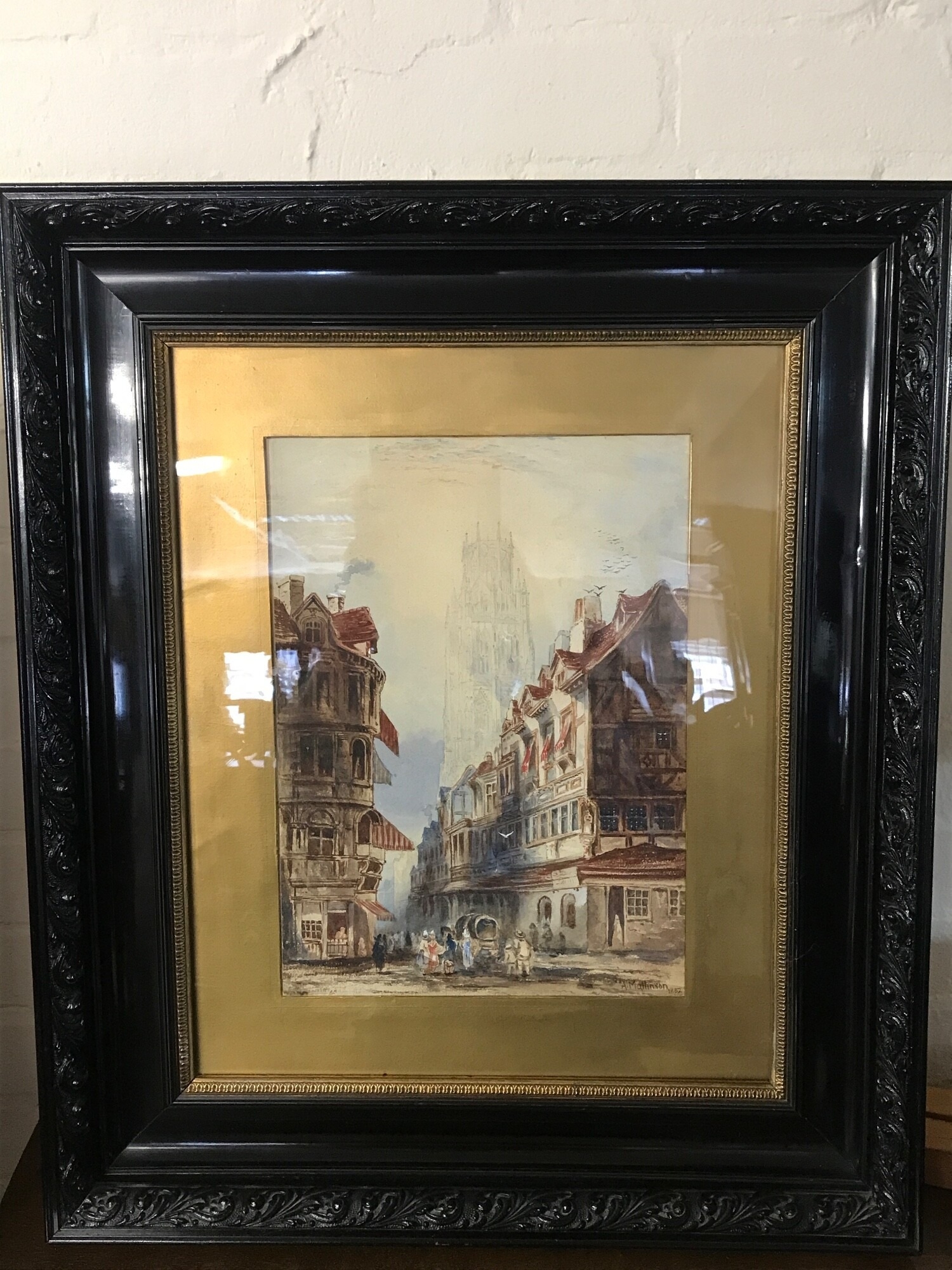 A 19th century watercolour street scene signed A. Mattinson 1882. Picture 28x38cm Frame 57x67ccm NO RESERVE