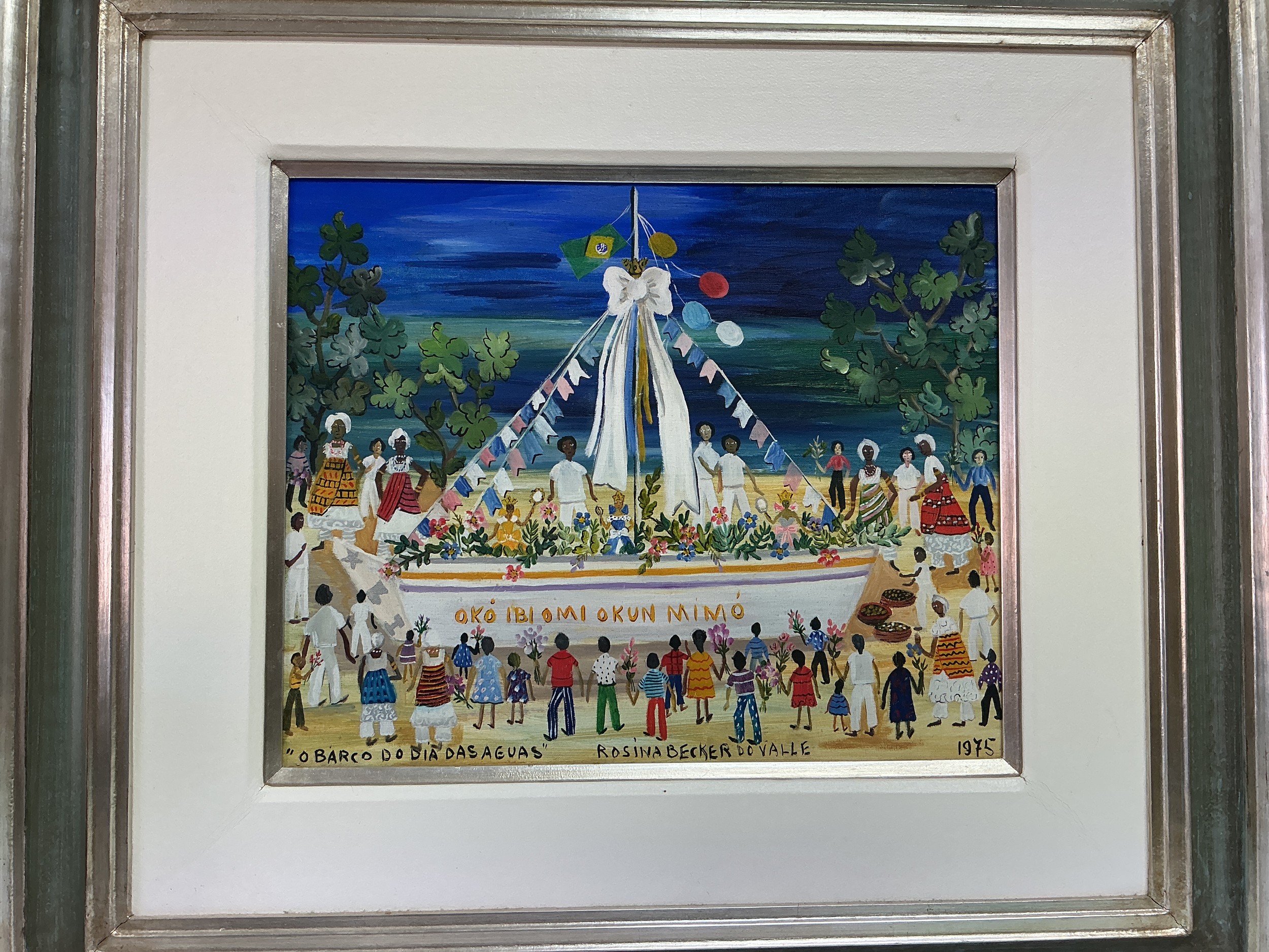 Rosina Becker Do Valle 1914-2000. An oil on canvas titled 'O Barco Do Dia Das Aguas'. Approx 69.5cm x 62cm including frame.