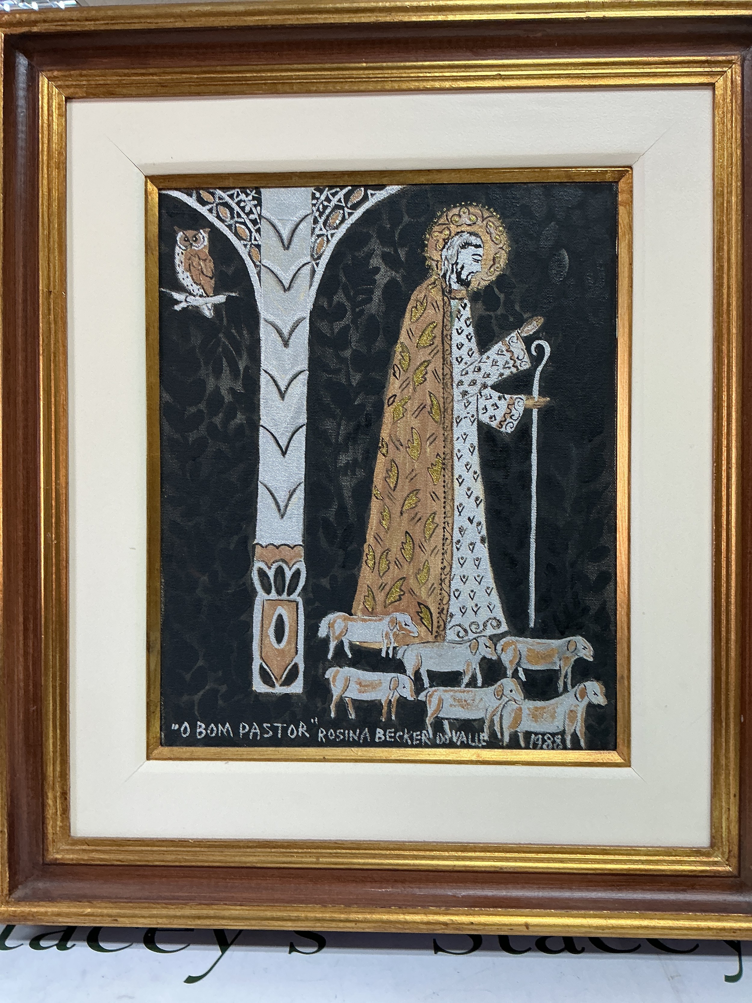 Rosina Becker Do Valle 1914-2000 An oil on canvas titled 'O Bom Pastor'. Approx 60cm x 67cm.