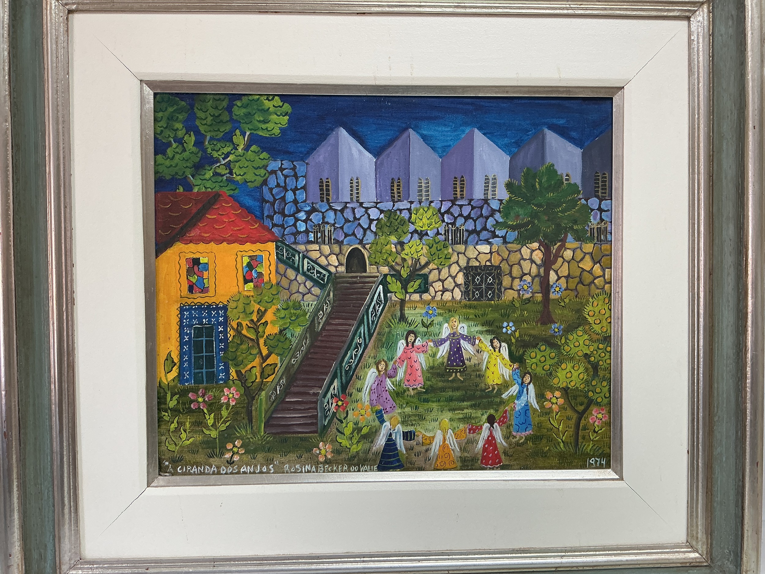 Rosina Becker Do Valle 1914-2000. An oil on canvas titled 'A Ciranda Dos Anjos'. Approx 77cm x 70cm.