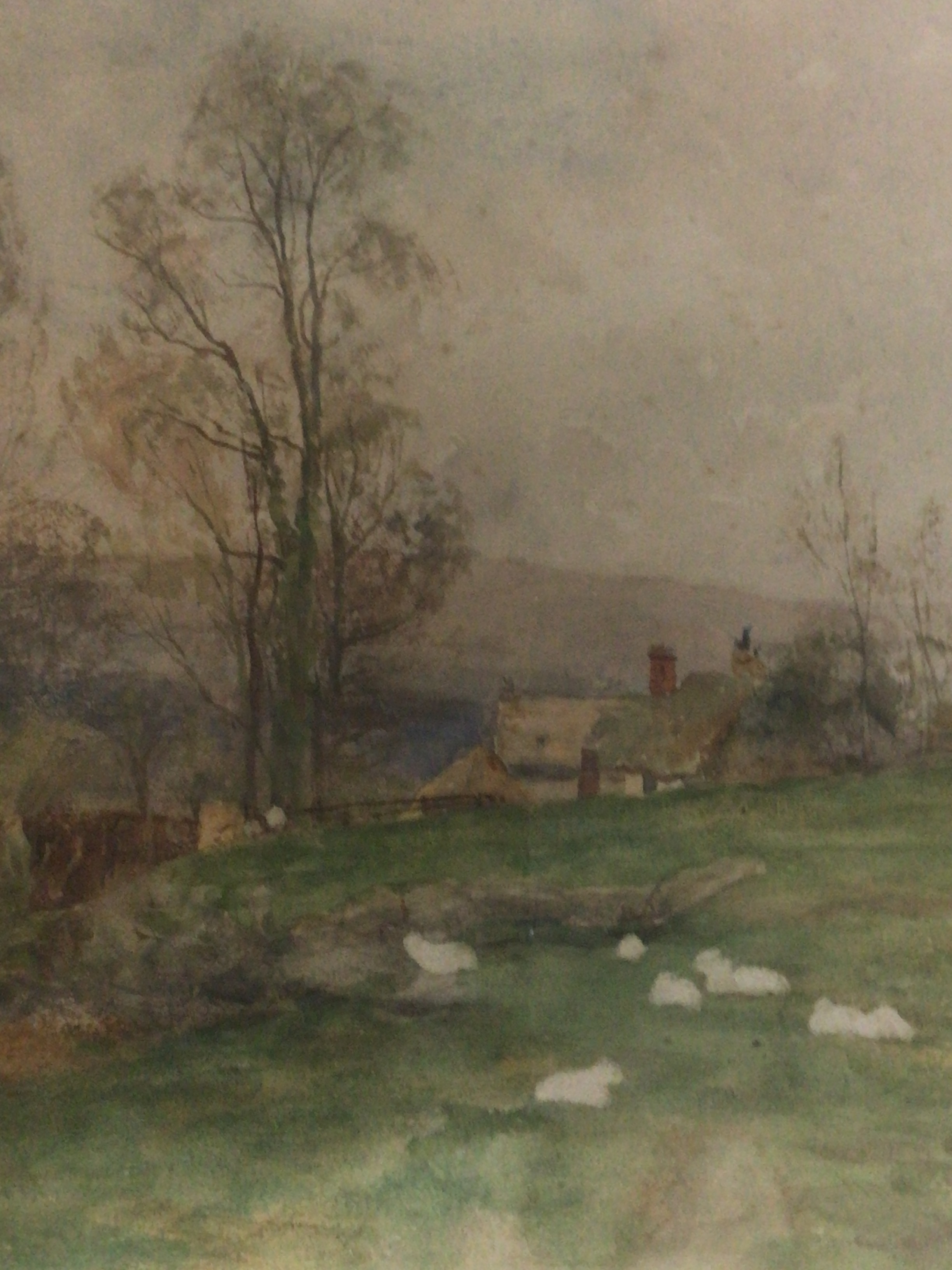 A Framed watercolour rural scene with cottage's attributed to James Aumonier RI 1832-1911 the reverse with a label. 40x47cm NO RESERVE