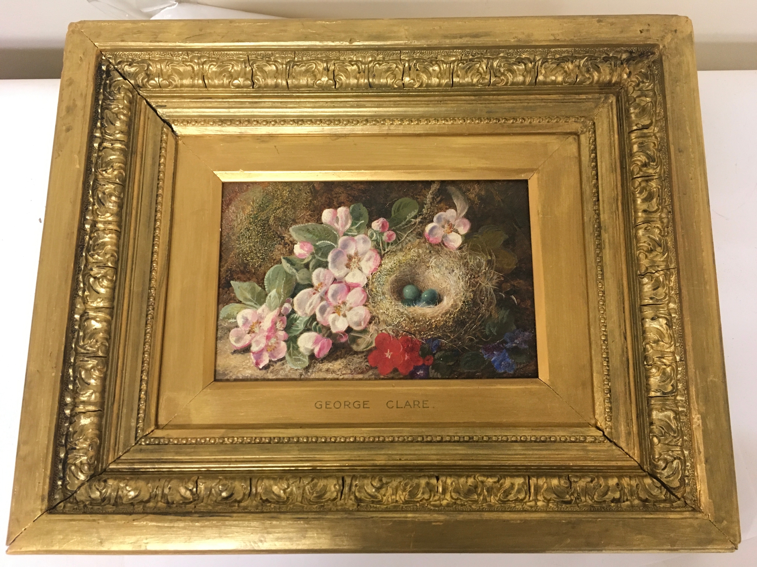 A George Clare oil painting, birds eggs in a nest. Frame size 44cmx36cm 