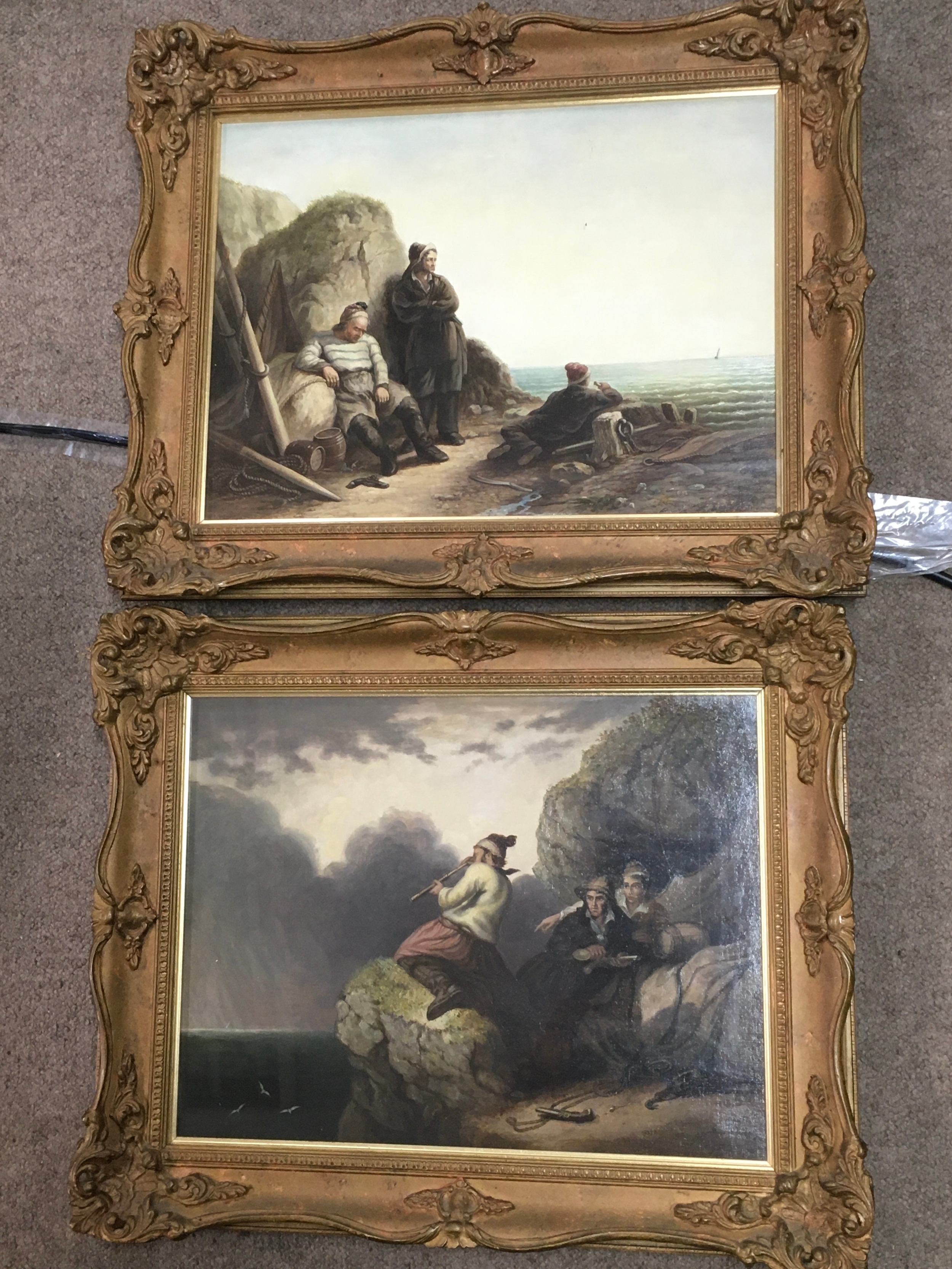 Two oil on canvas paintings after W. Hesslochl "The Smugglers" circa 1833 by G.J Ford and After James Alfred Atkin "Smugglers Lookout" 1867 by G.J Ford. Picture size 40x30cm frame 52x42cm 