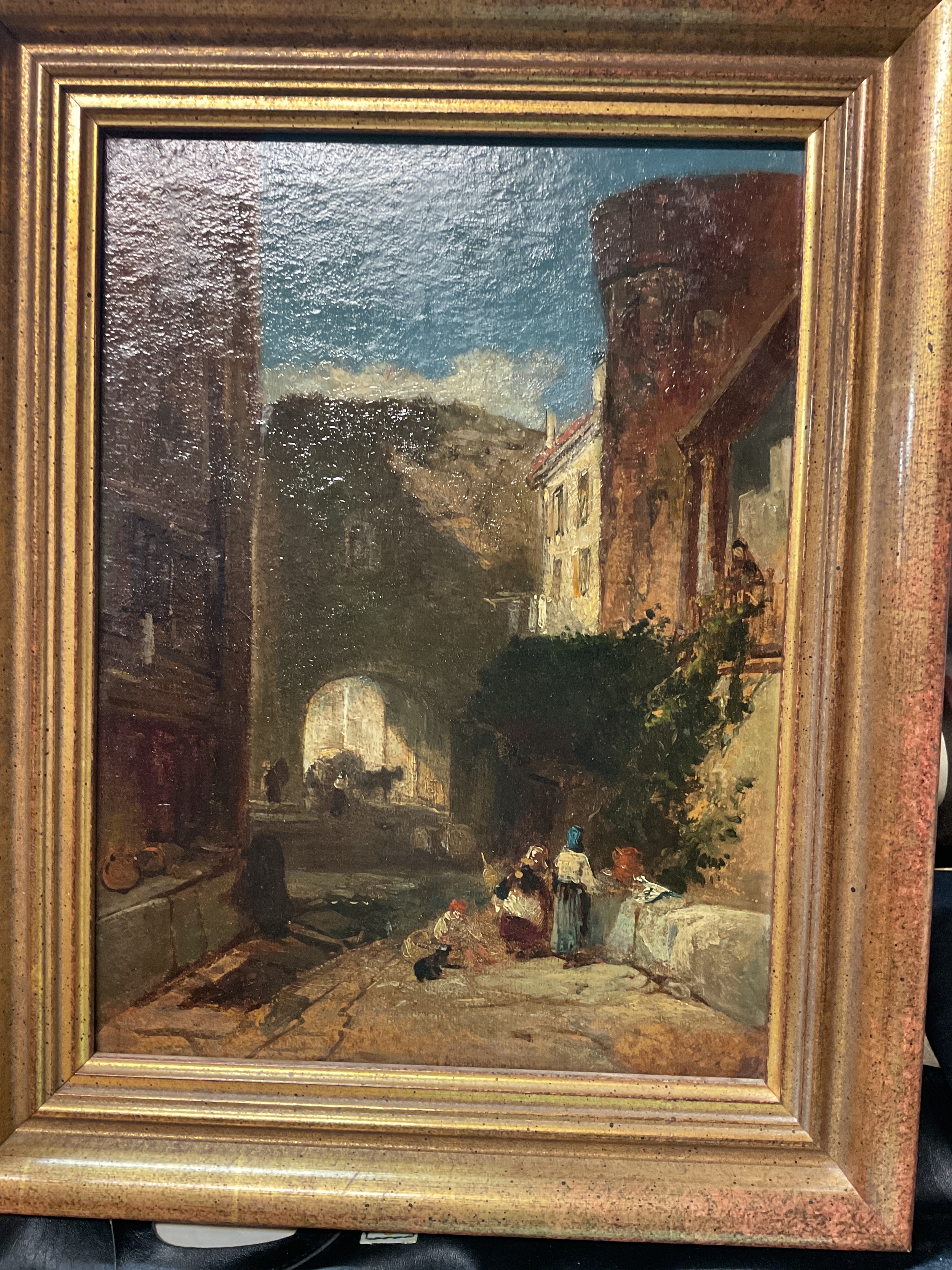 19th C oil on board gateway scene, possibly North Africa , nicely framed and strung.