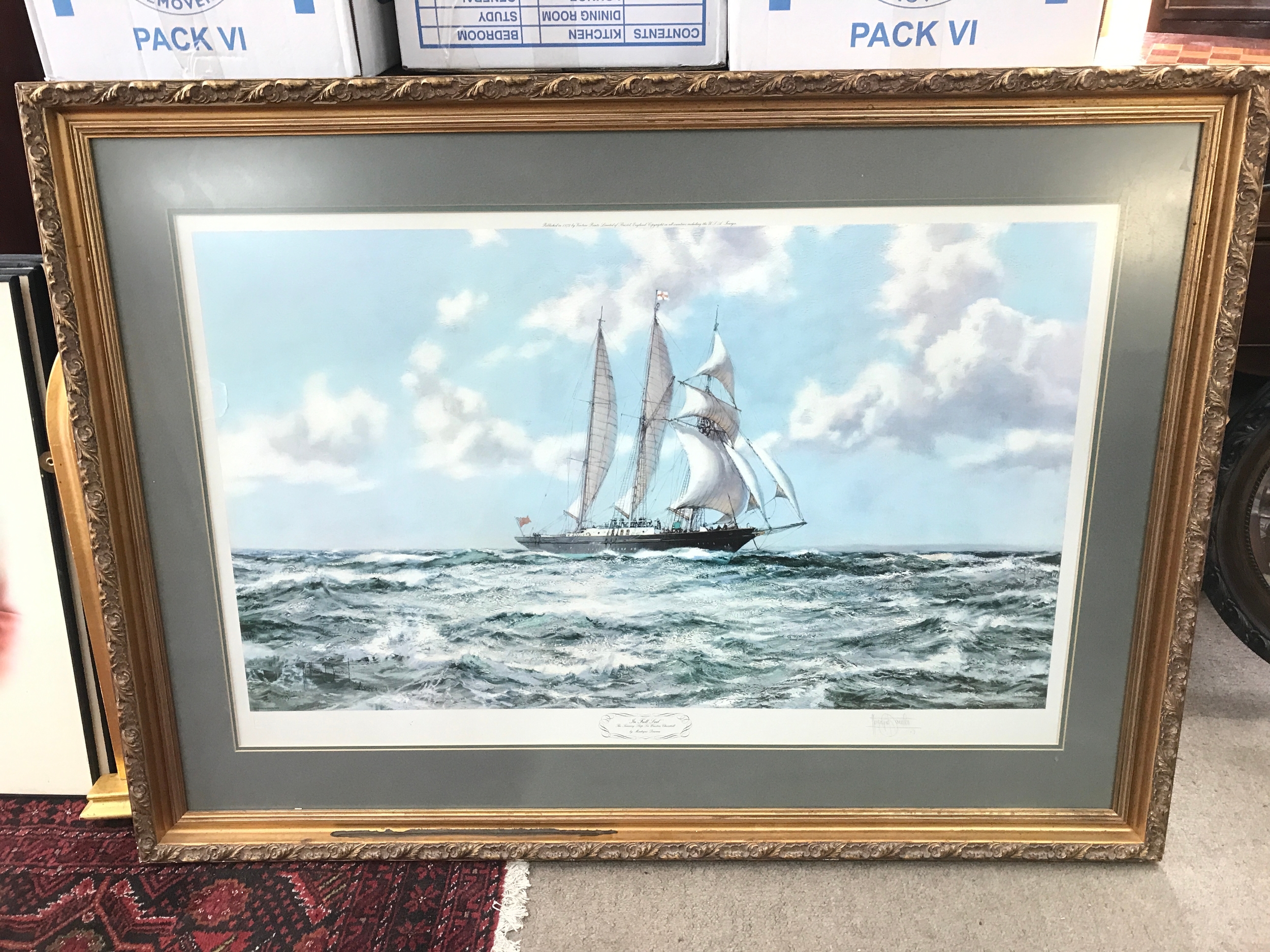 A framed print- In Full Sail The Training Ship for Winston Churchill By Montague Dawson. Frame 118x86cm picture 95x60cm approximately 