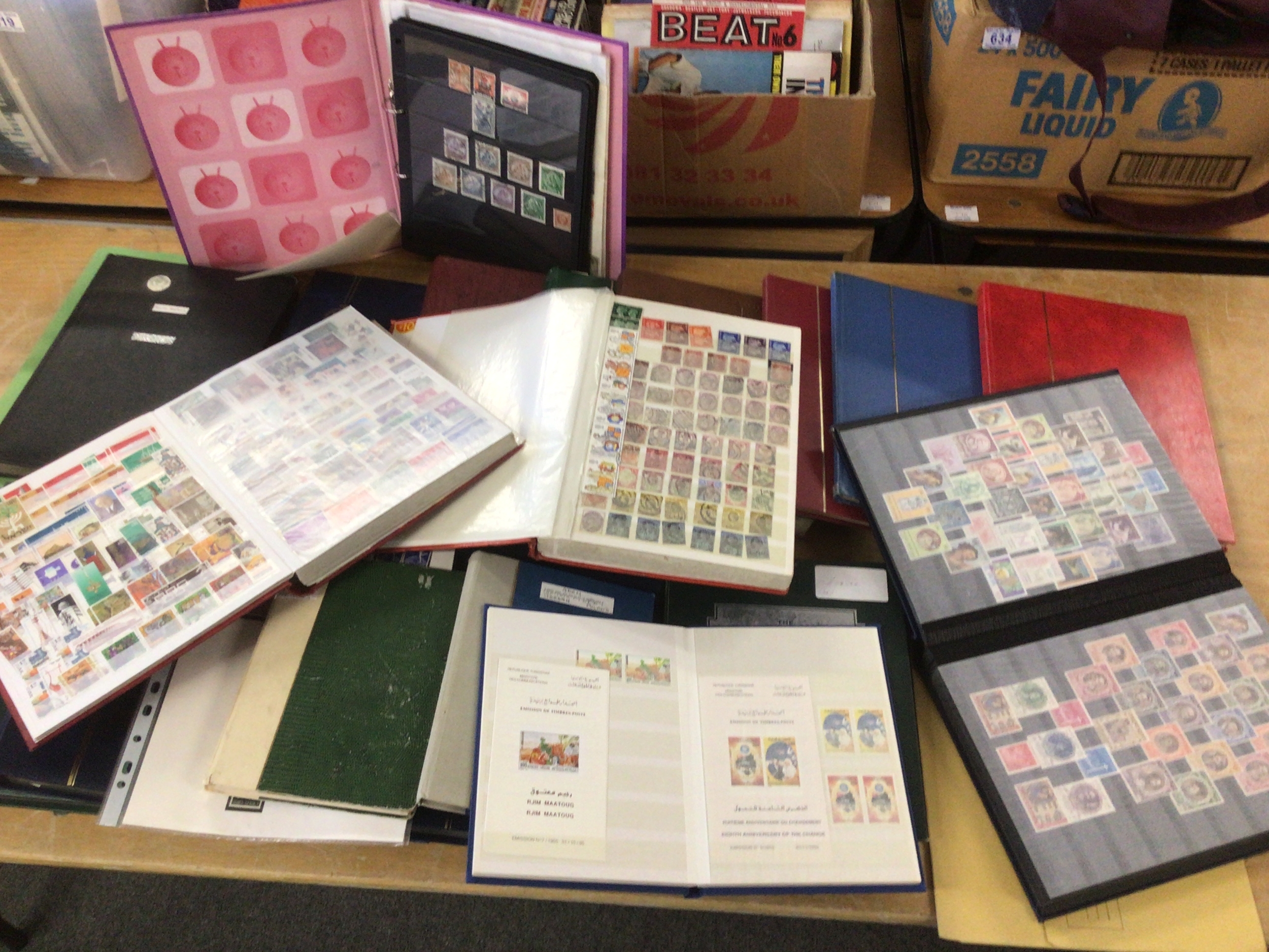 Box of stamp albums to inc Victorian issues, world, commonwealth, thematics, and early examples of all countries along with Israeli album, lots of mint. 17 big albums and smaller examples.