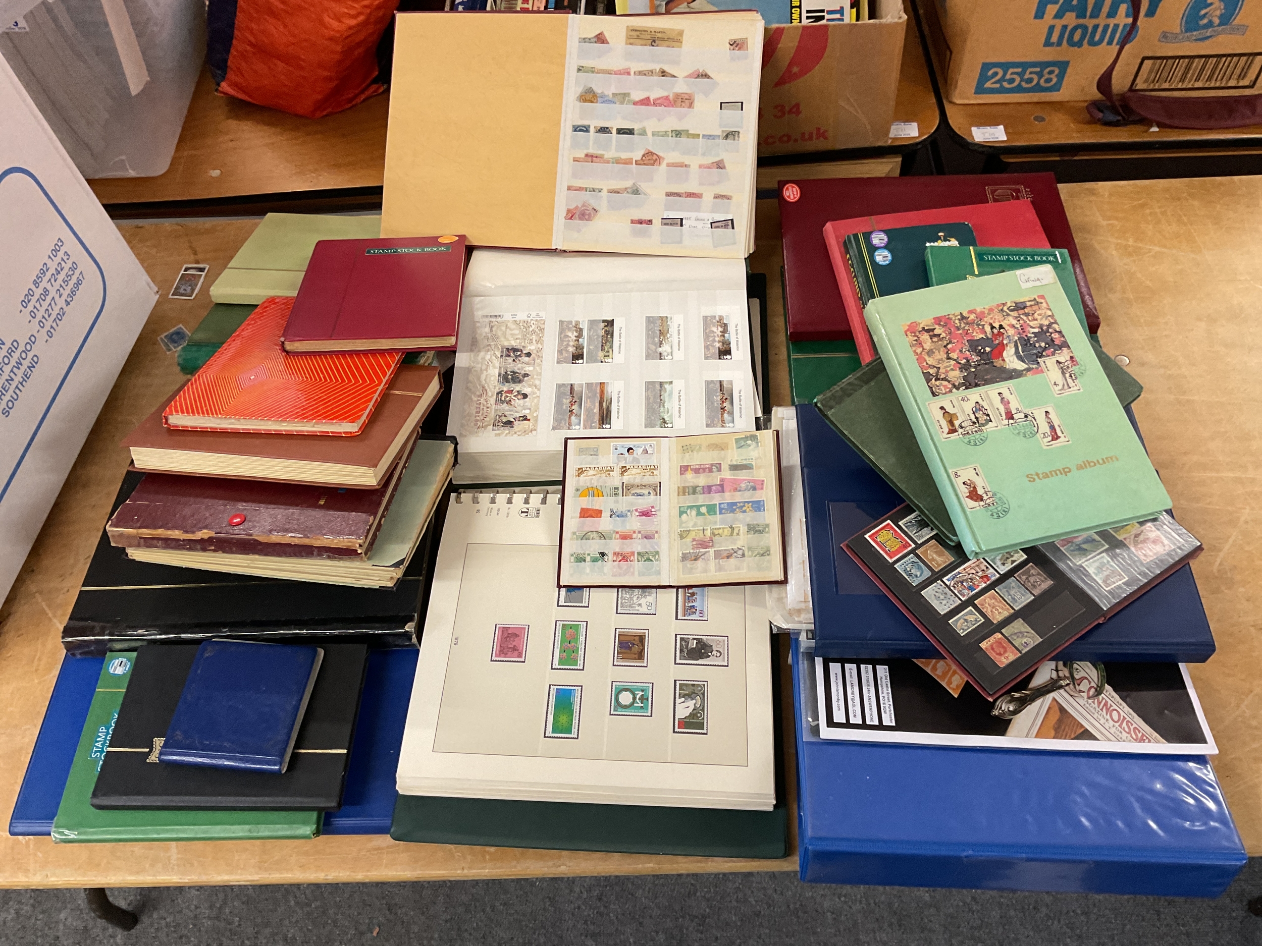 Large qty albums to inc world and Commonwealth, stock books and mini sheets, high denomination Waterloo GB Mint and good German album.