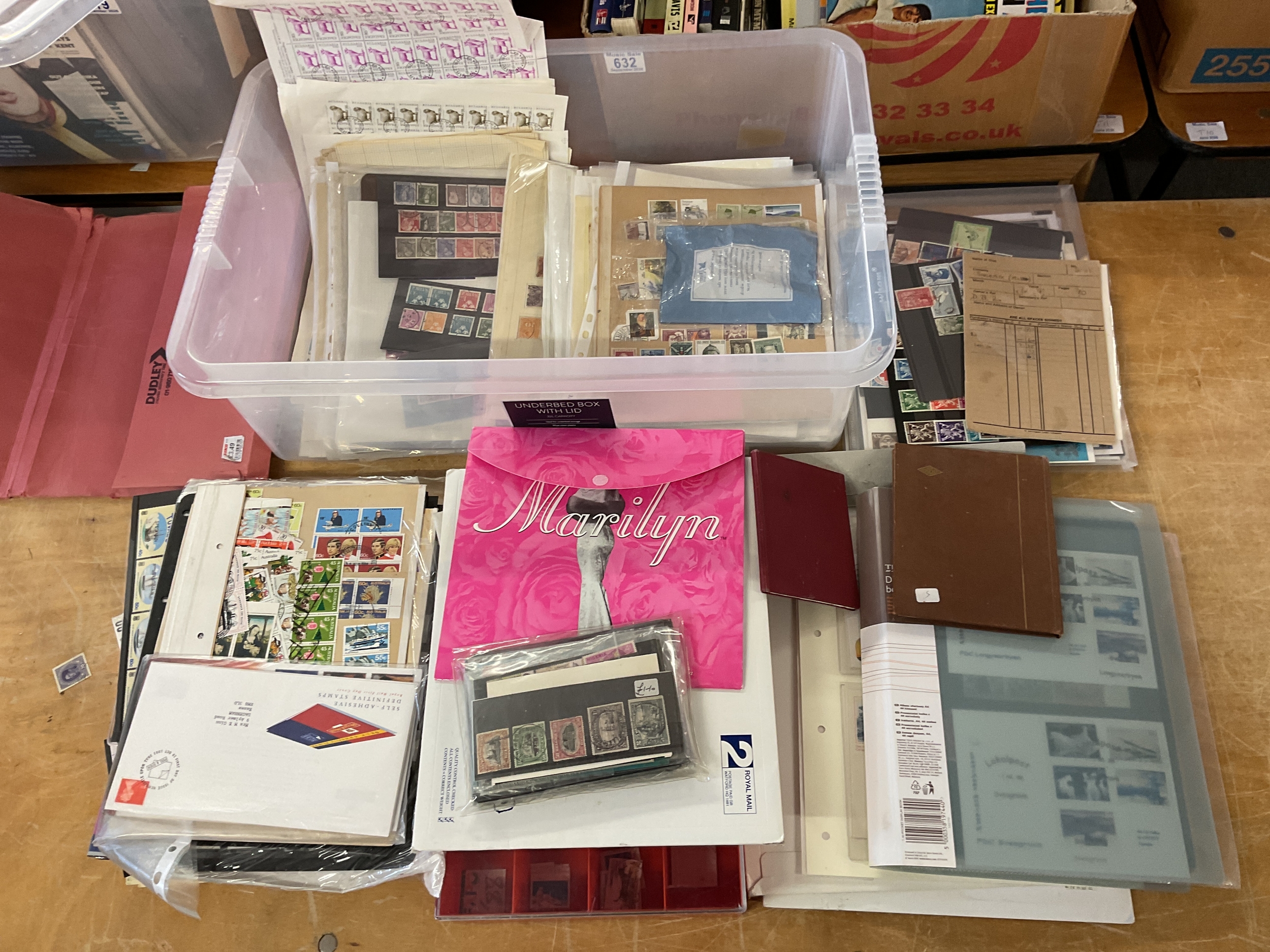 Box of stamps, loose, Marilyn Monroe sheet, sheets, albums, ready priced leaves etc.