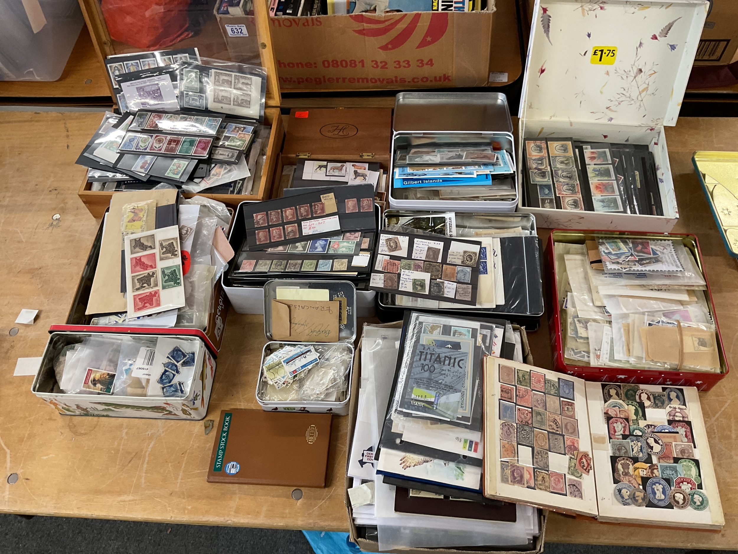 Tins of stamps, ready priced, good Victorian issues, in sets, with packets, and album of cut out embossed varieties.