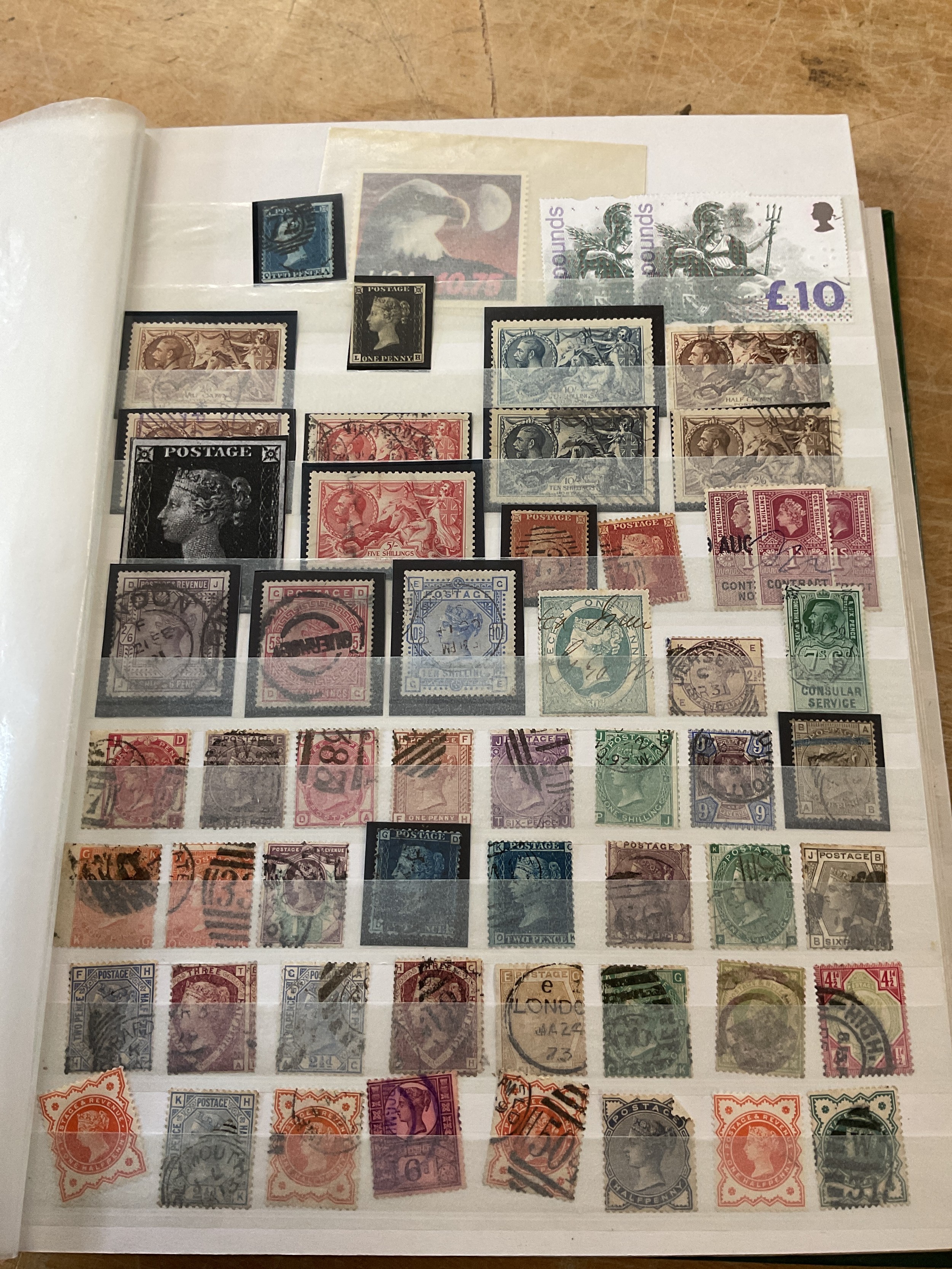 Penny black, tupenny blues and penny reds, and high fiscals.Sea Horses, and high denomination stamps,many rarer English examples including early and later Sea Horses, £1 EIIR and GVIR examples,