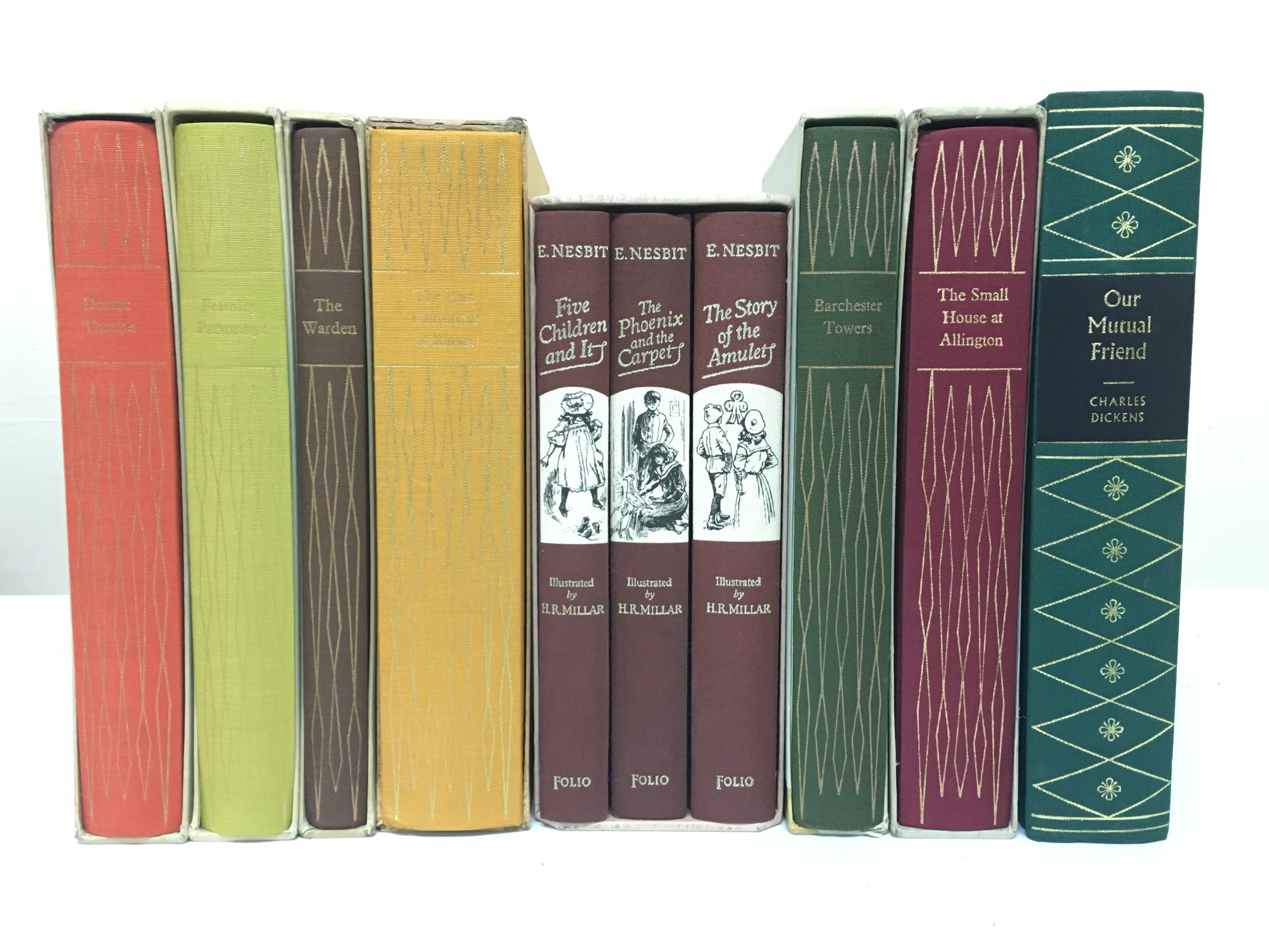A collection of Folio Society books including Our Mutual Friend Charles Dickens, The Small House of Allington, Barchester Towers, E Nesbit three books set, The Last Chronicle of Barset, The Warden, Doctor Thorne, Framley Parsonage