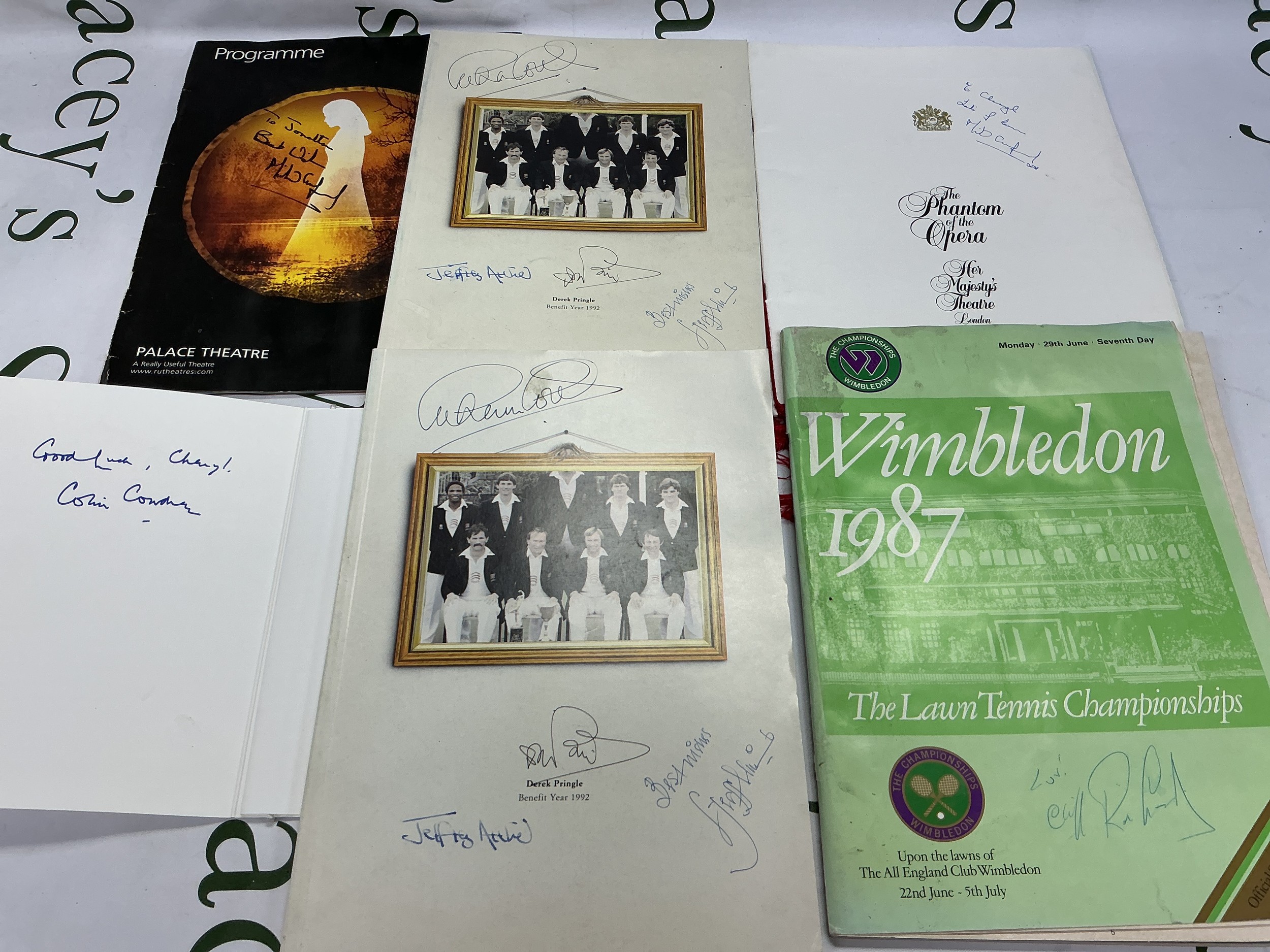 A collection of signed theatre and cricket programs. Names include Michael Crawford, Jeffrey Archer, Cliff Richard, Colin Cowdry and others.