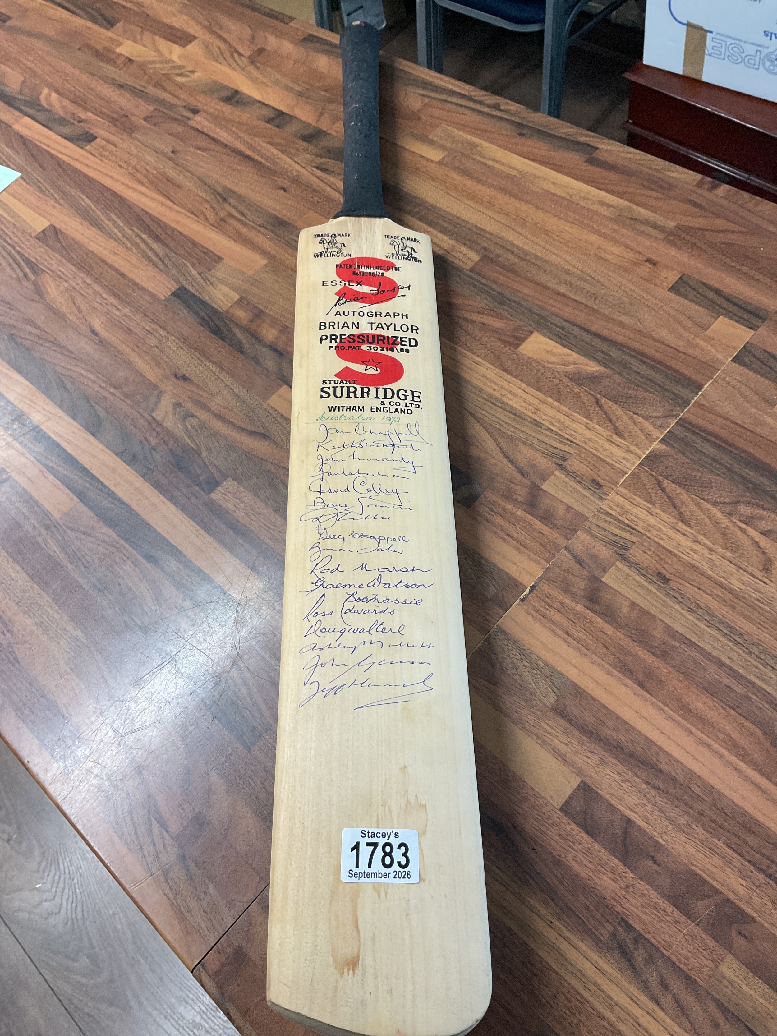 Signed cricket bat, Australia 72, Warwickshire and Essex.