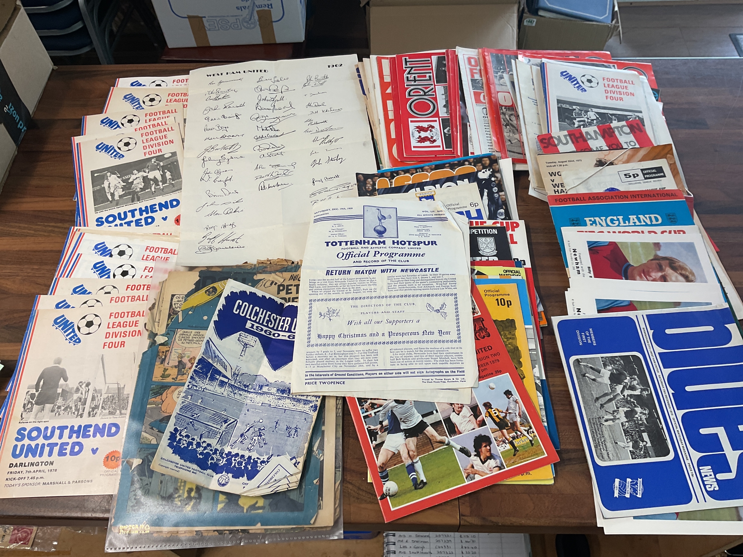 Qty vintage football programmes and football posters etc, West Gam, Southend and old Spurs example.