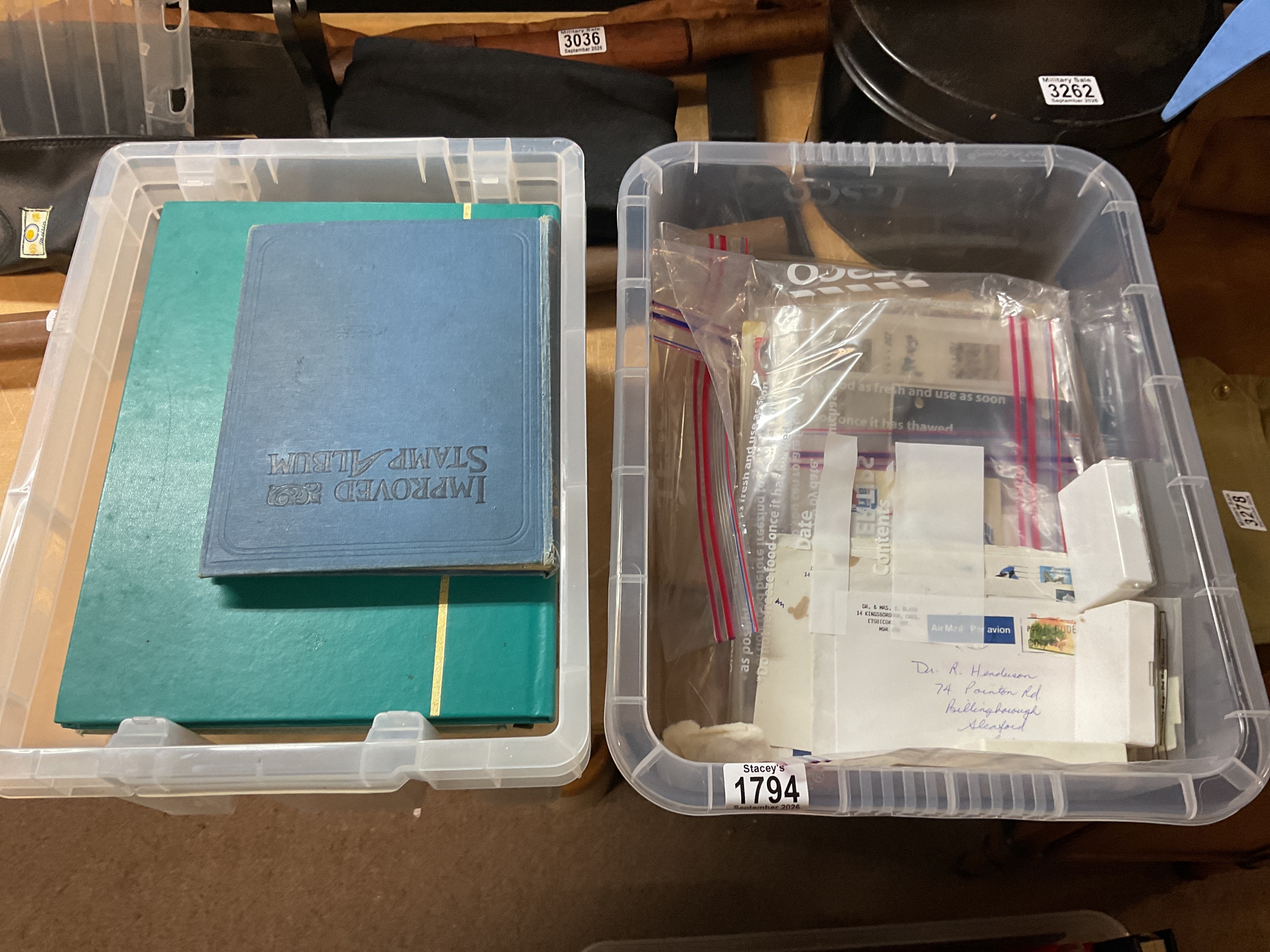 Two boxes of stamps, loose packets, albums etc.
