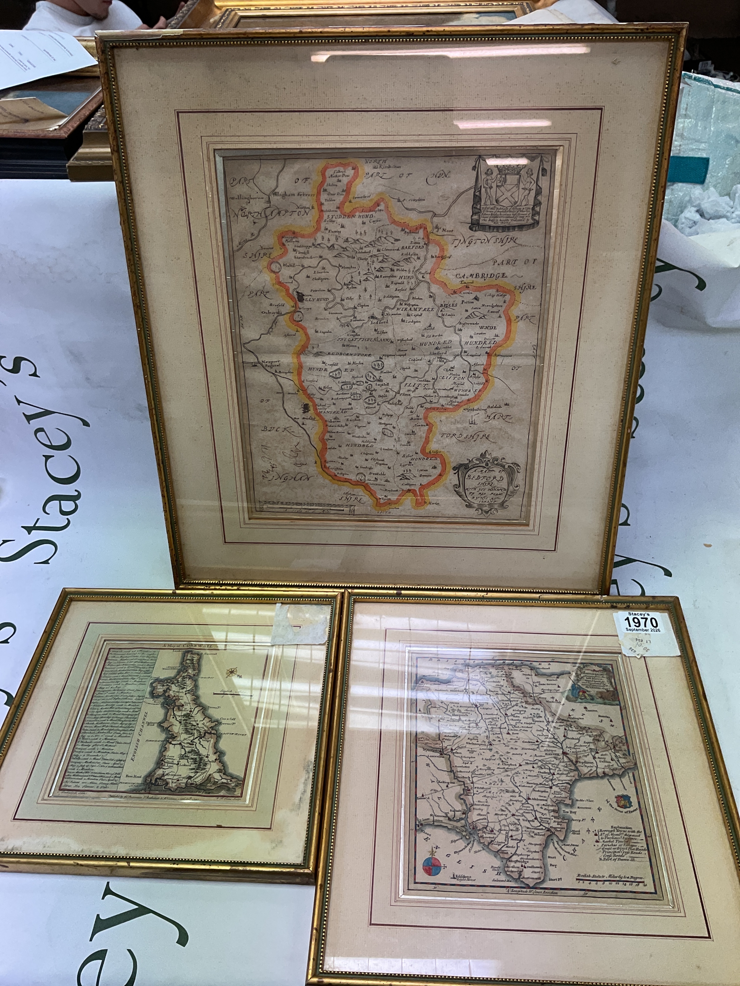 Three 18 th c maps, to inc Devonshire by T Kitchin, Cornwall 1741, Bedford by Richard Blome.