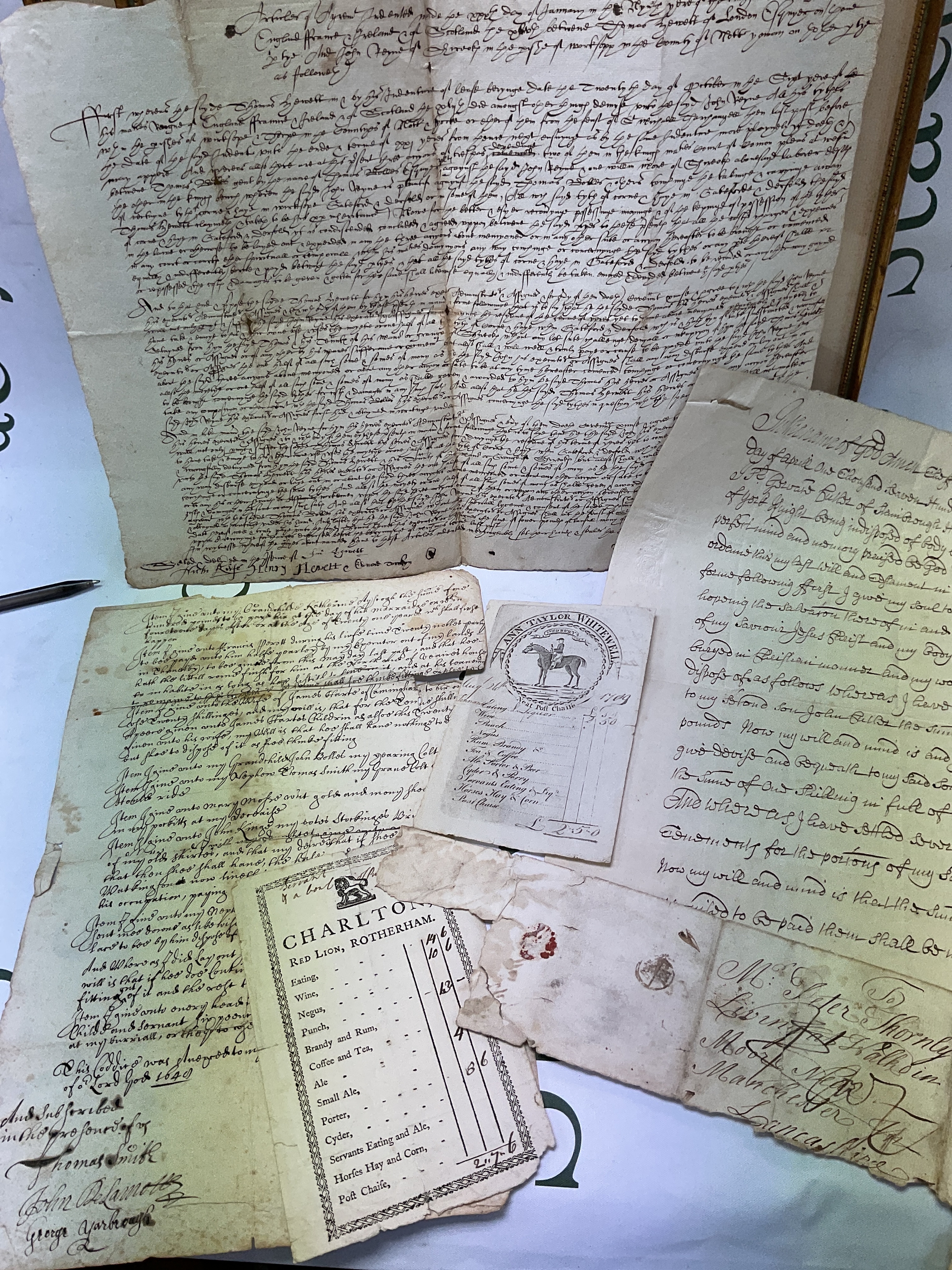 17th and 18th C  Scripophily to inc wills, and a pub price guide, and agreements.