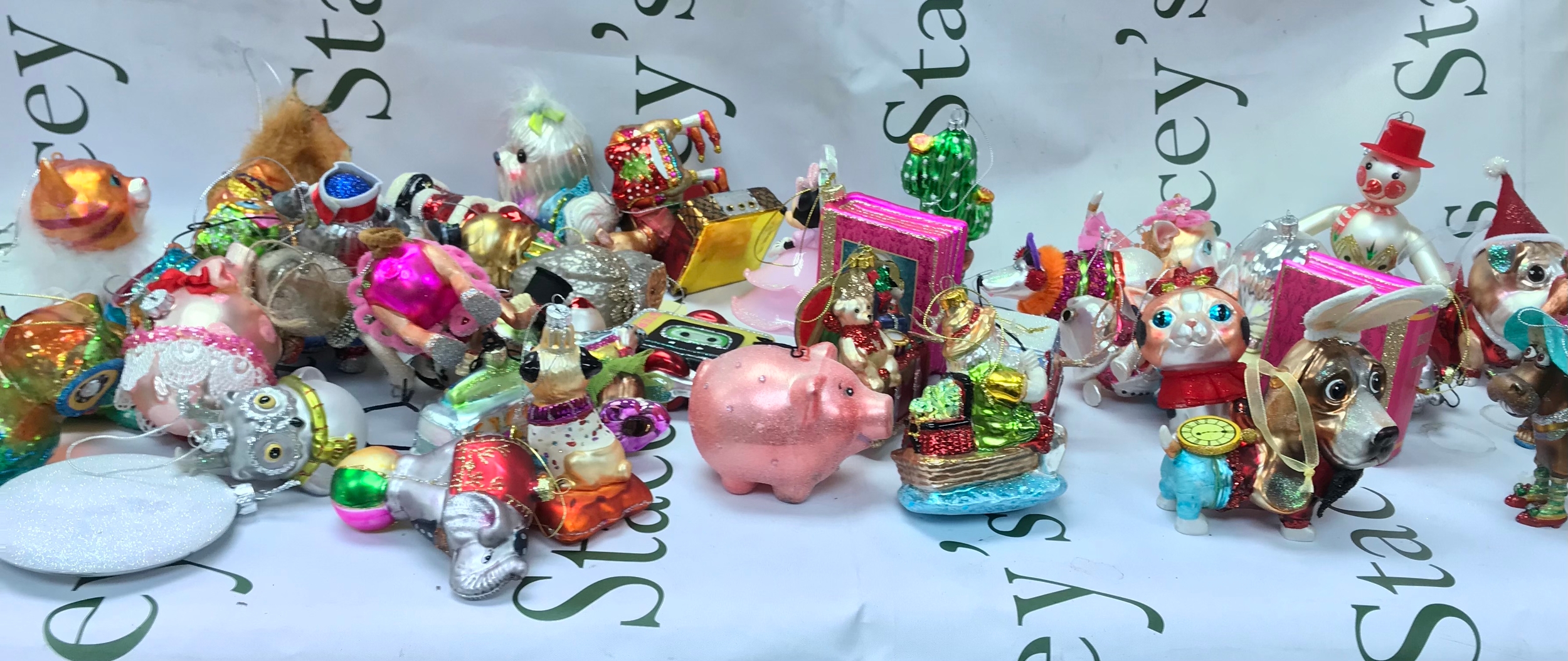 Large box of glass tree ornaments.