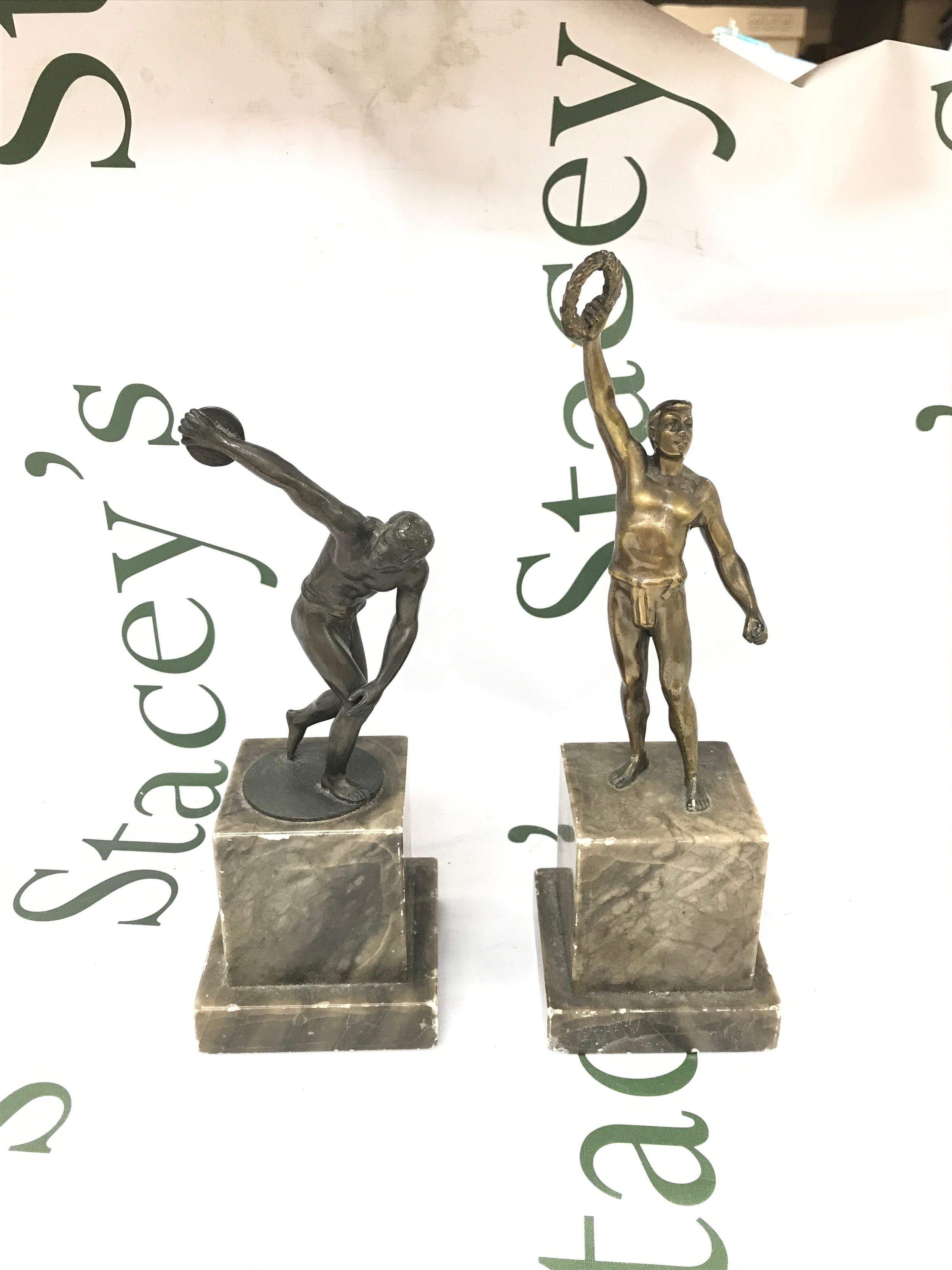 Vintage 2x Bronze art deco/ mid 20th century marble based athletes. 