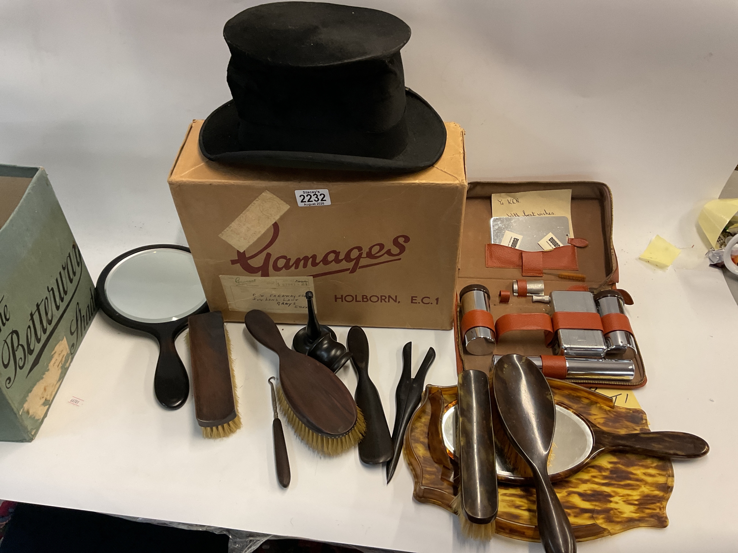 Boxed top hat a little crushed, along with vanity sets.  NO RESERVE