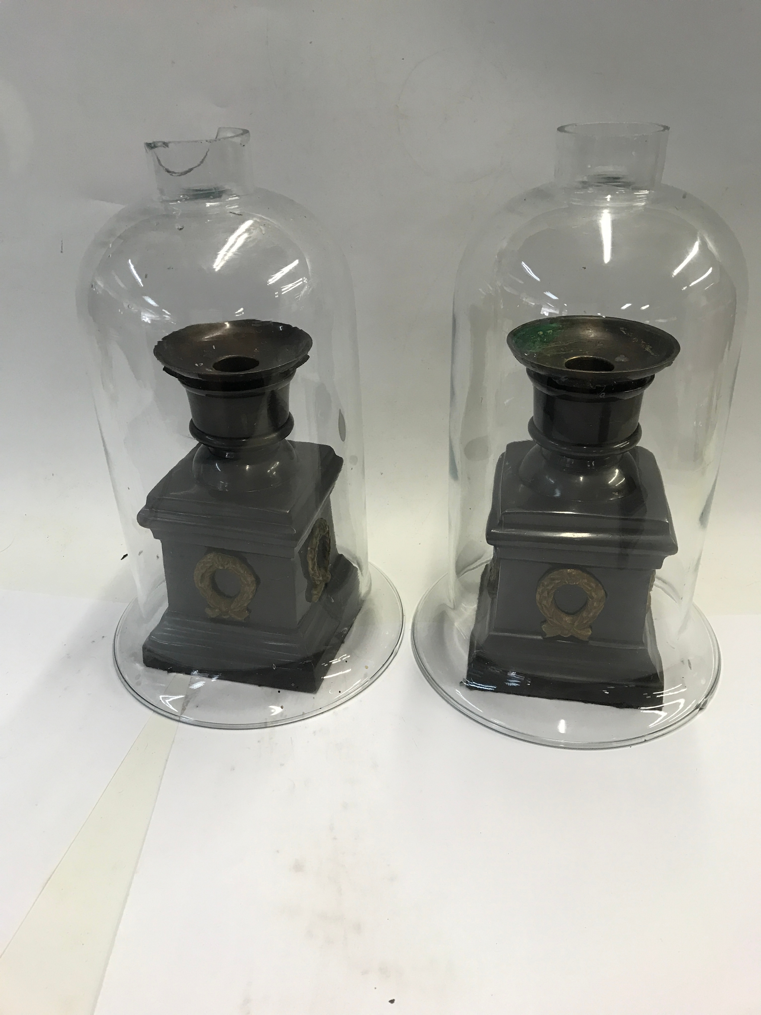 A pair of hurricane candle holders with glass shades.  NO RESERVE