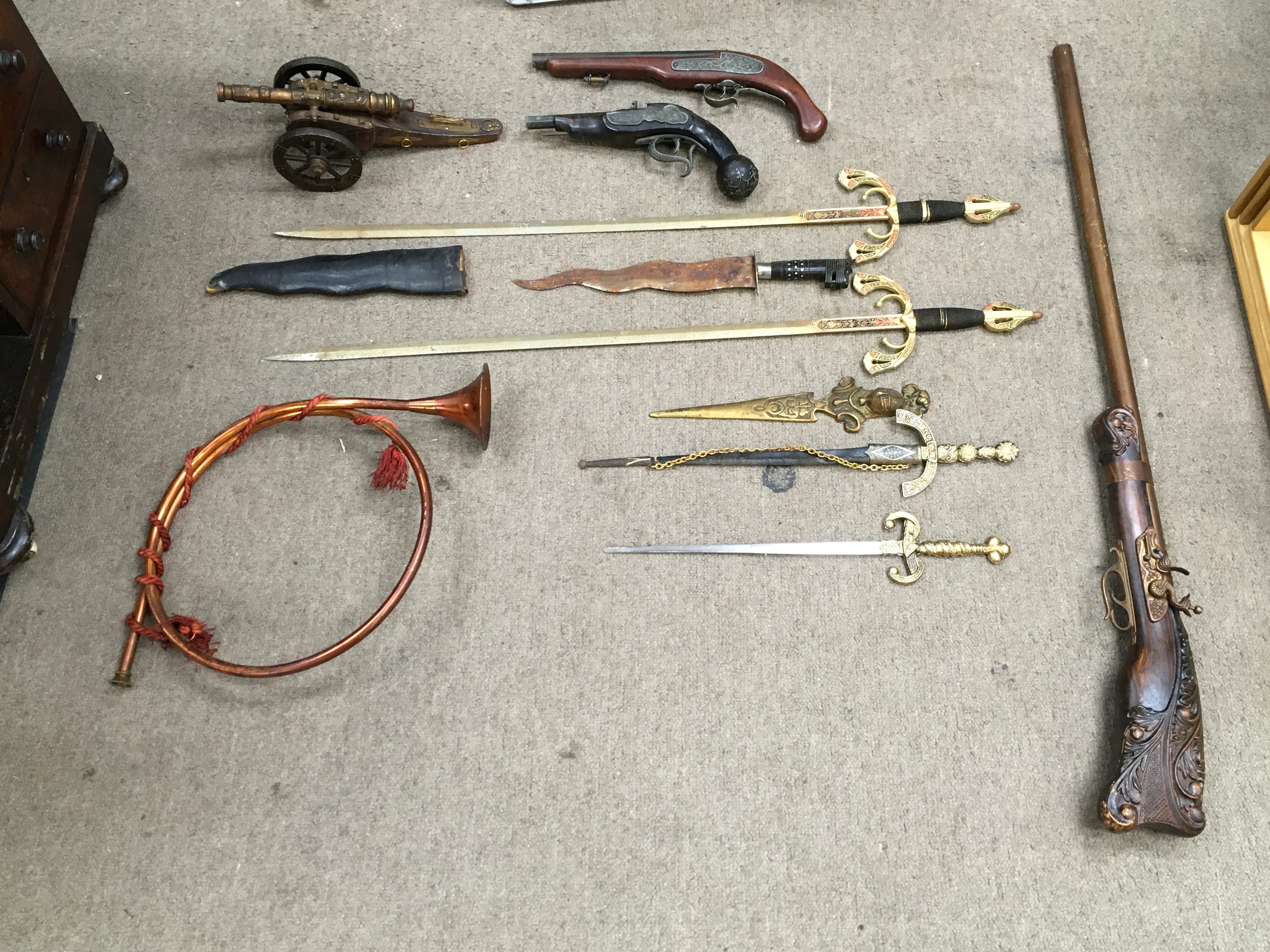 A collection of reproduction replica guns and swords (sword 96cm long) 