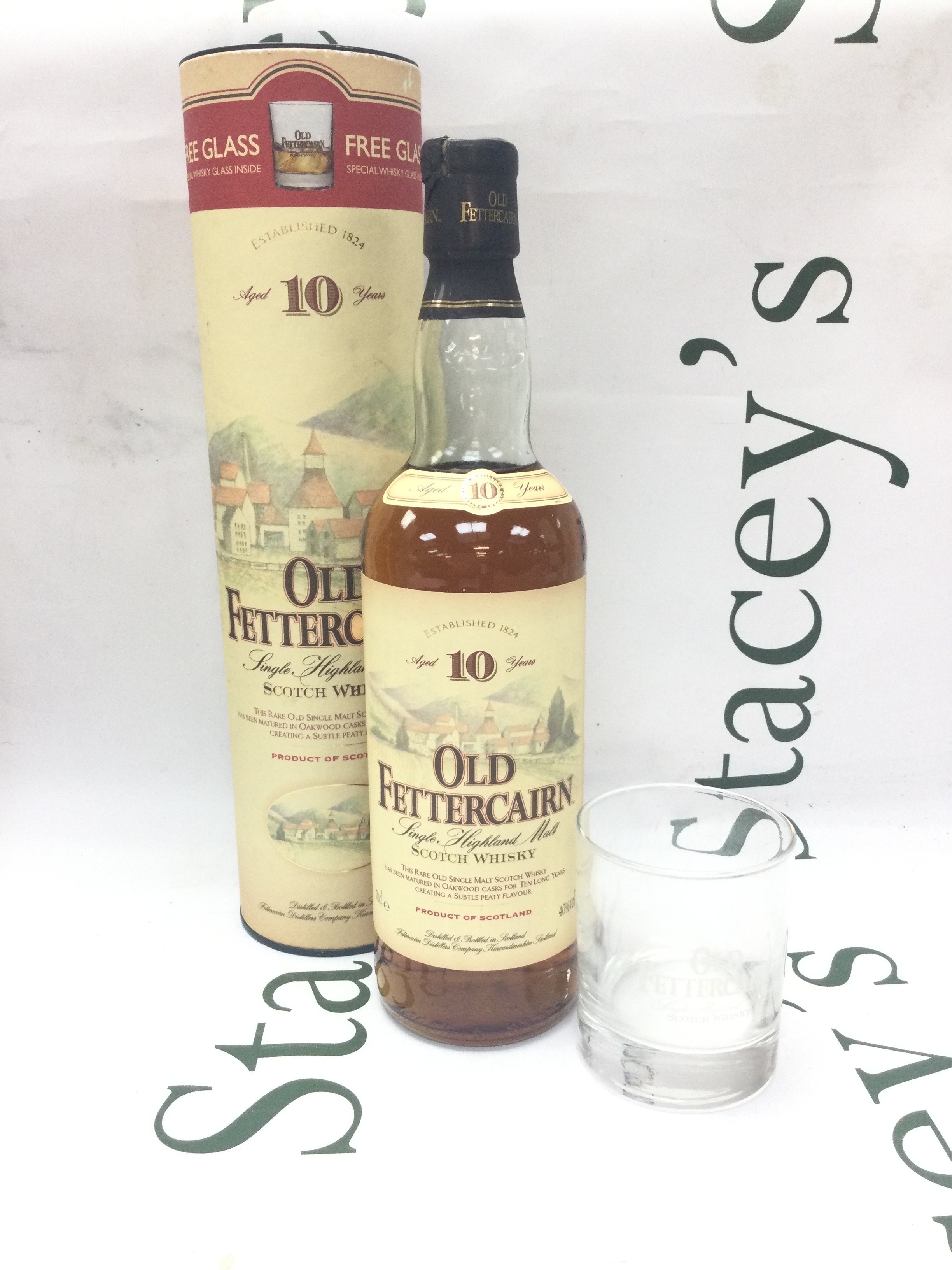 A bottle of Old Fettercairn single highland malt scotch whiskey.