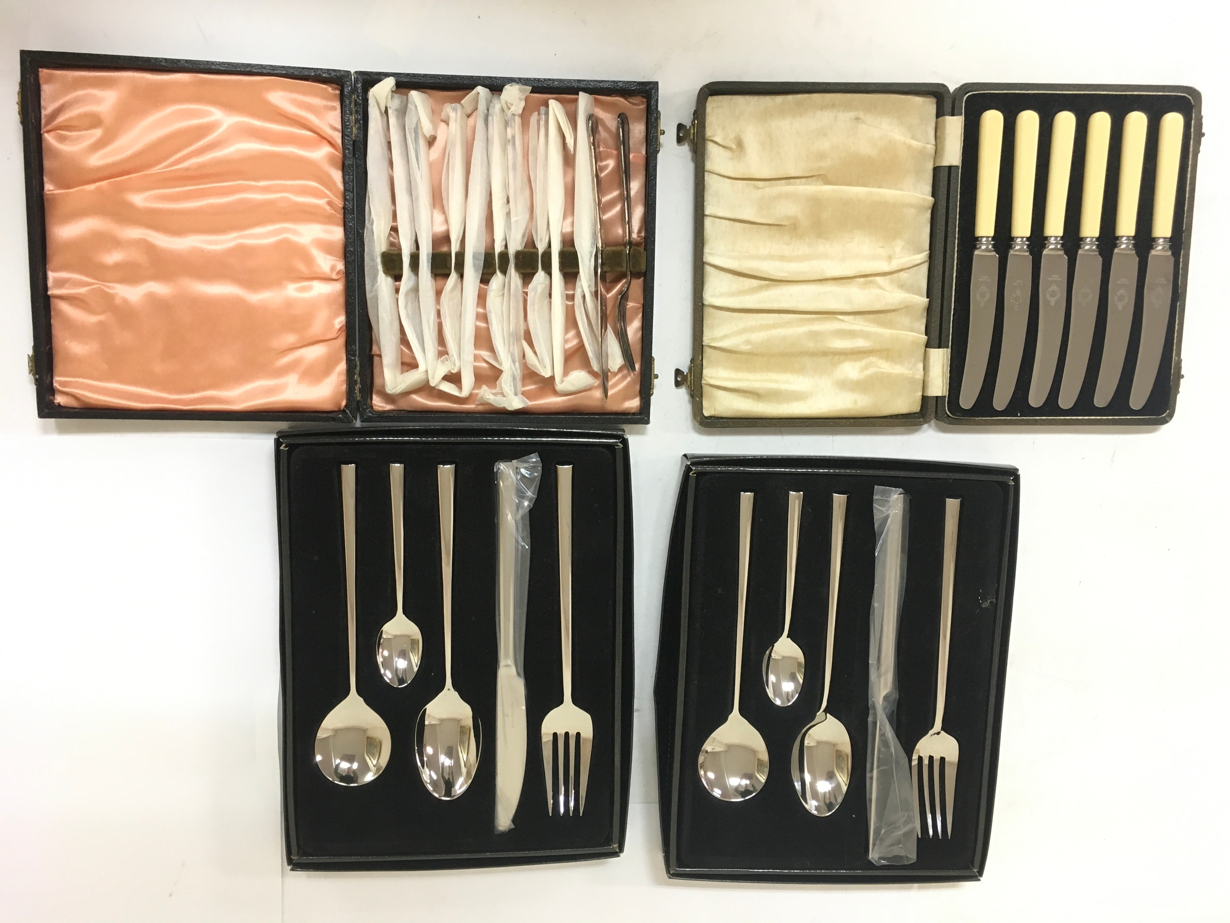 Sets of knives, forks and 2 sets of Royal Doulton 5 piece cutlery set. All sets include box/ case from which they came with.  NO RESERVE