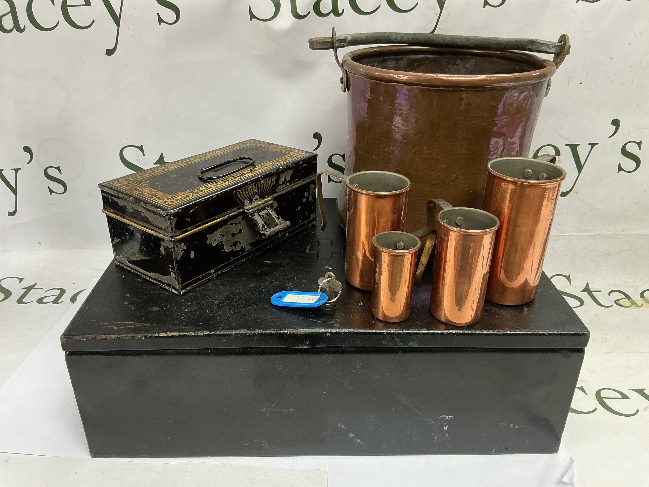Two tins and a selection of copper pots.  NO RESERVE