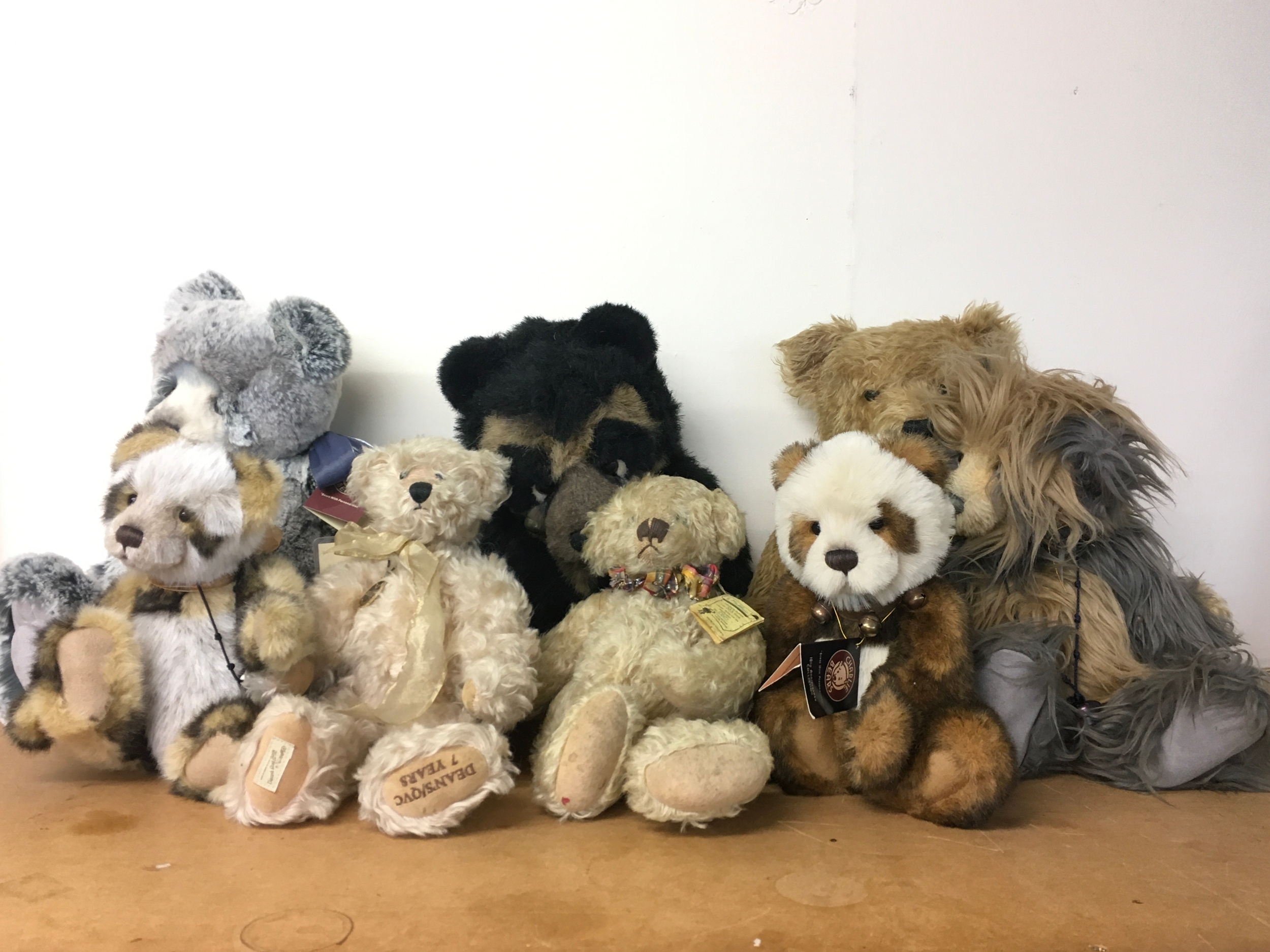 A collection of teddy bears including Charlie bears, Deans bears, Grisly, Hermann. With tags