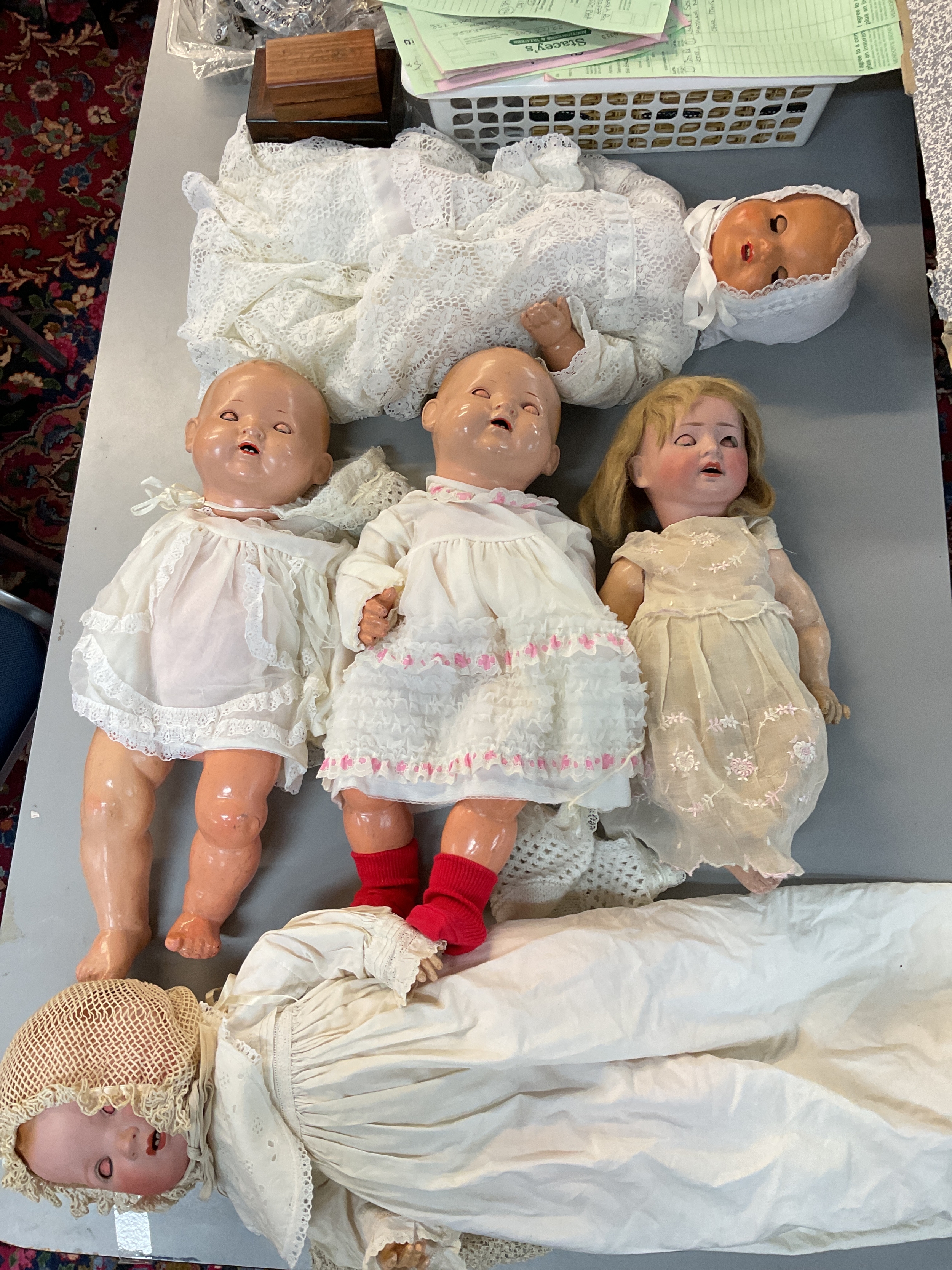 Five vintage dolls, H&W, Armand Marseille etc.nicely dressed and with gowns.