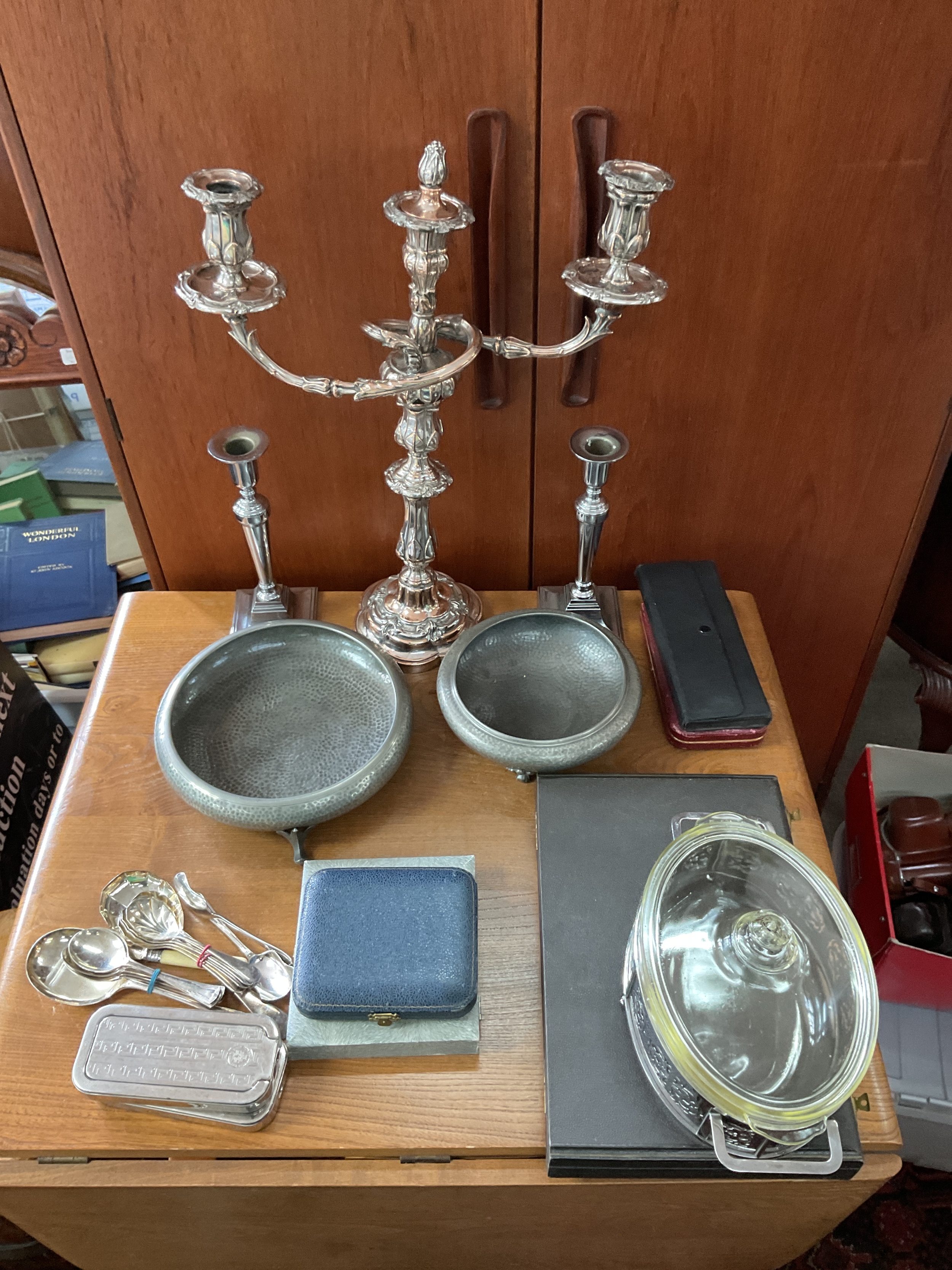 Qty EPNS and Sheffield plate large candelabra, along with boxed cutlery and drawing set.