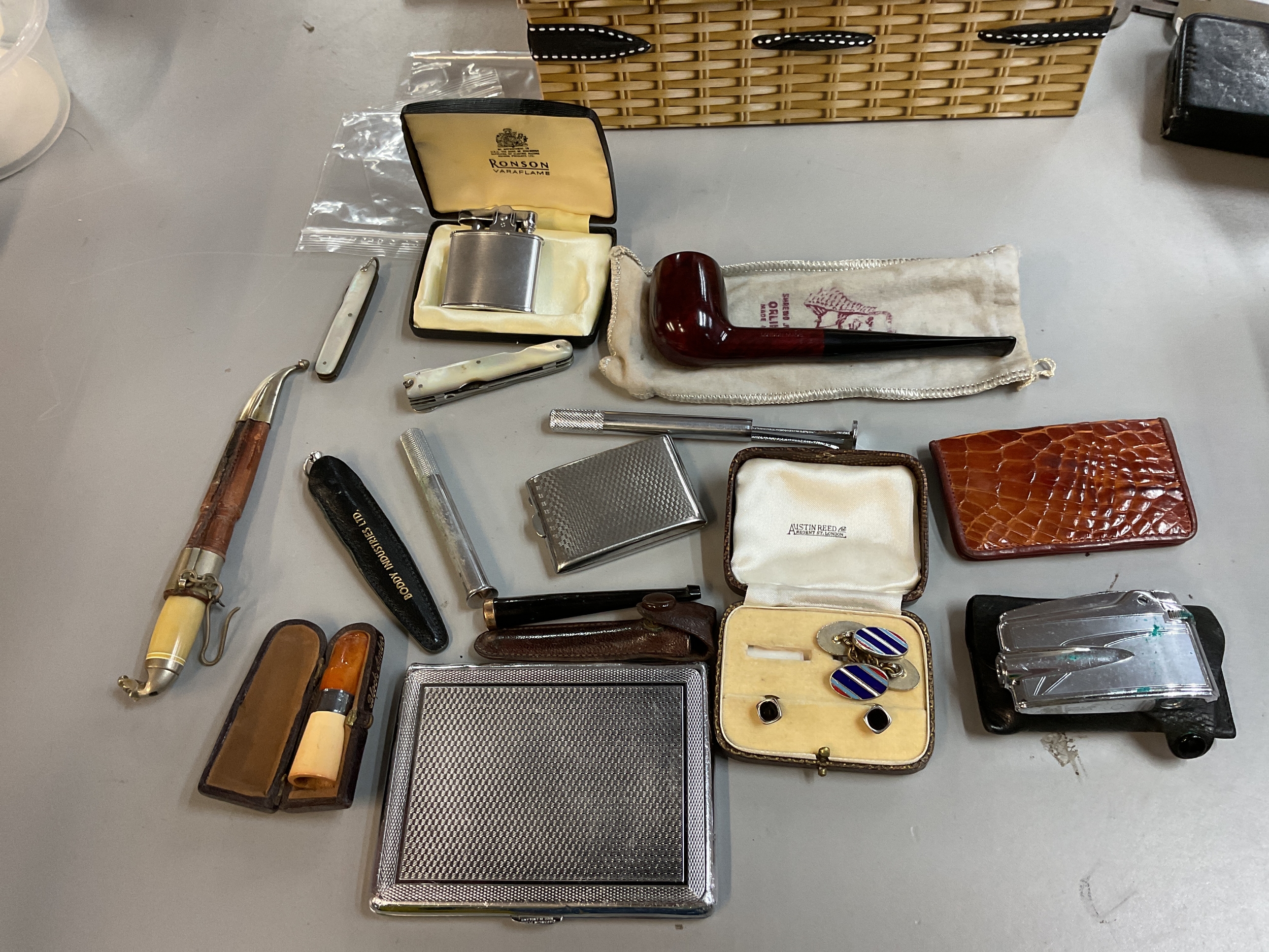 Qty smoking ephemera gold rimmed cigar holder, amber cheroot holder, lighters, pipe, etc.