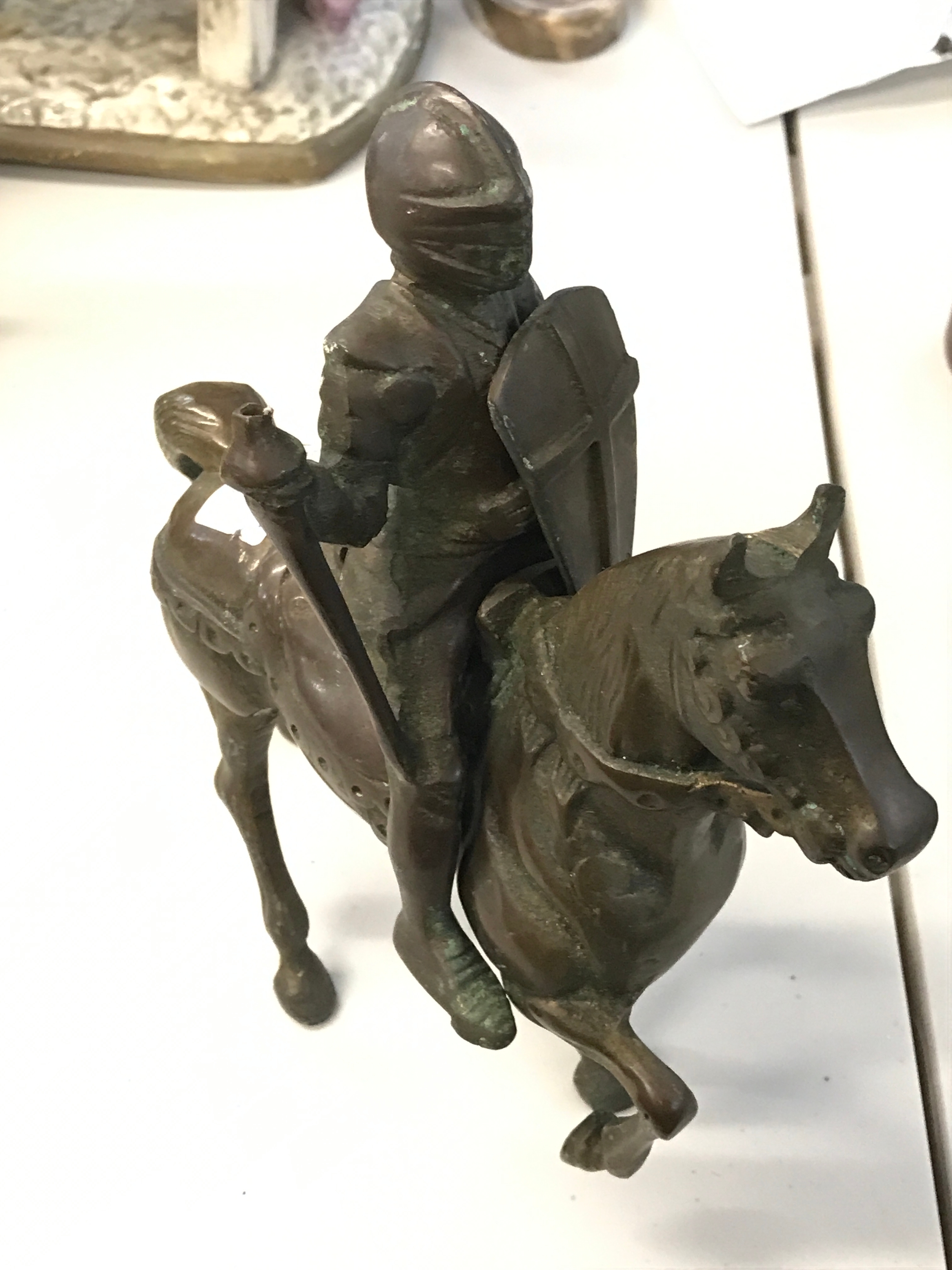 A bronze Medieval knight on horseback  23cm tall