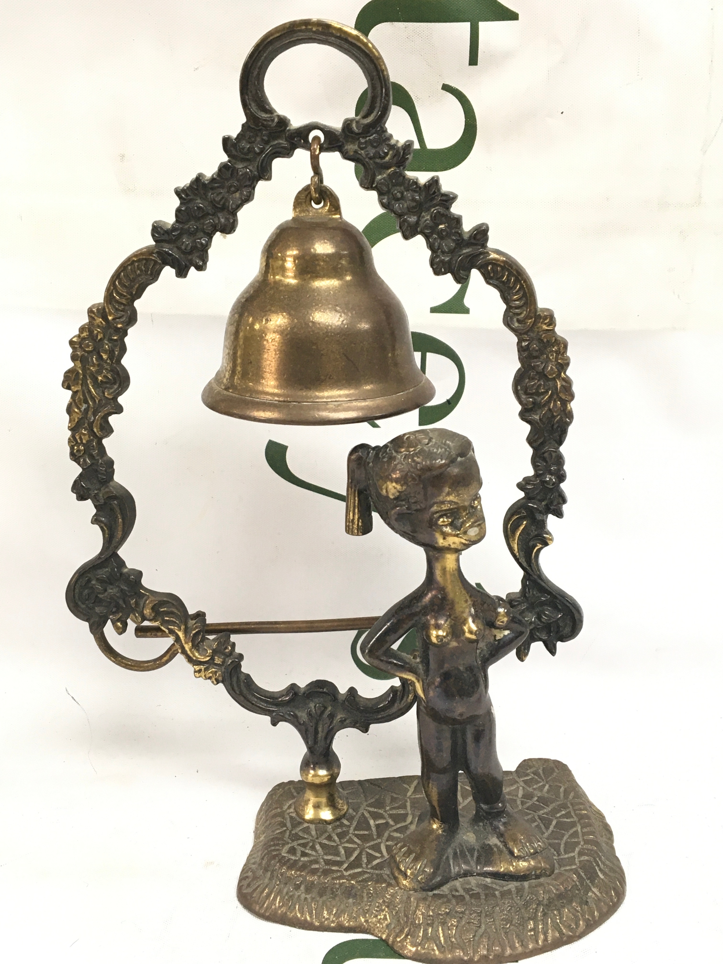 A small bronze table bell with a figure of a young girl 23.5m tall Approx 