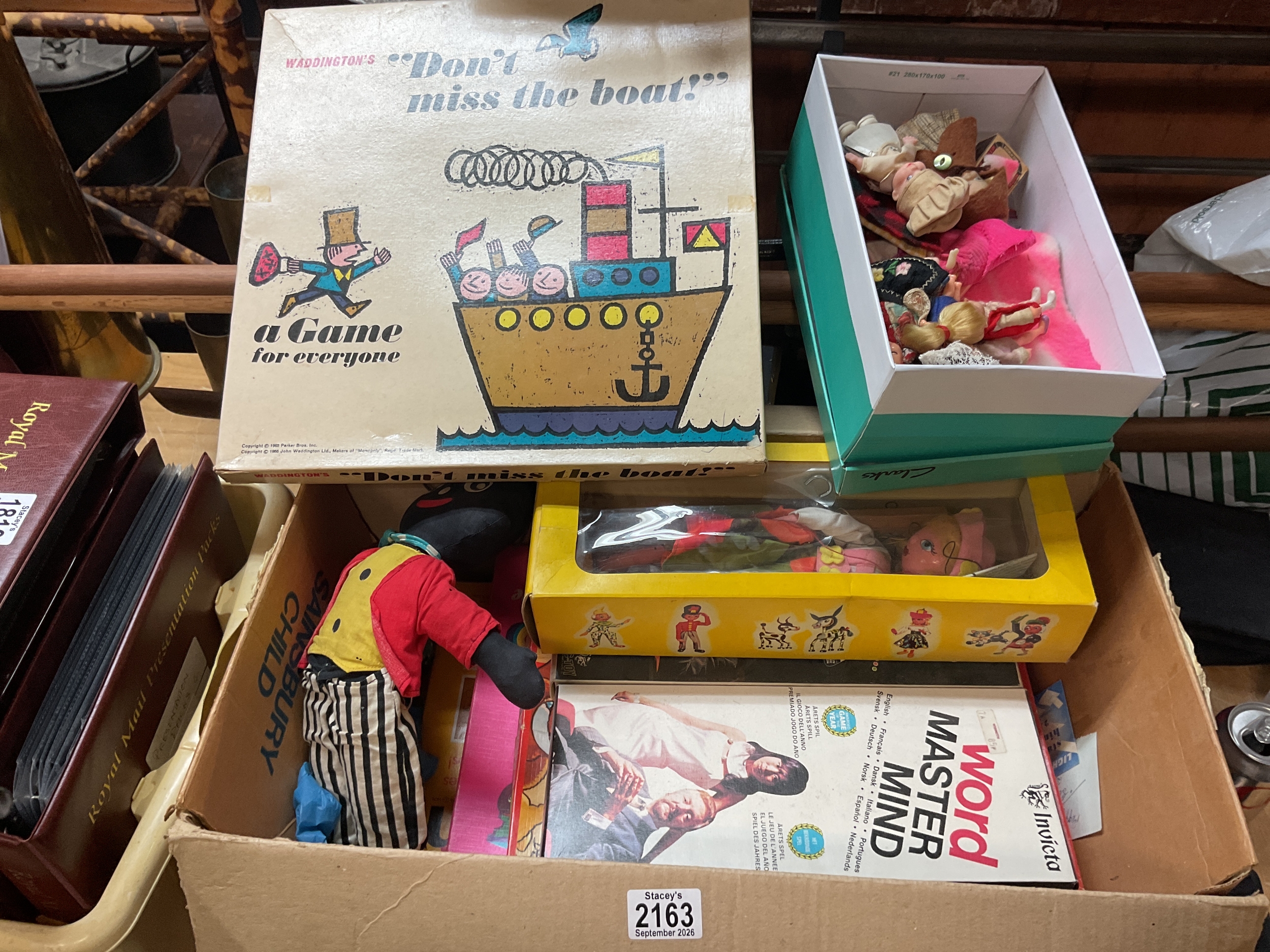 Box of vintage toys to inc board games, dollys, Pelham puppet etc.