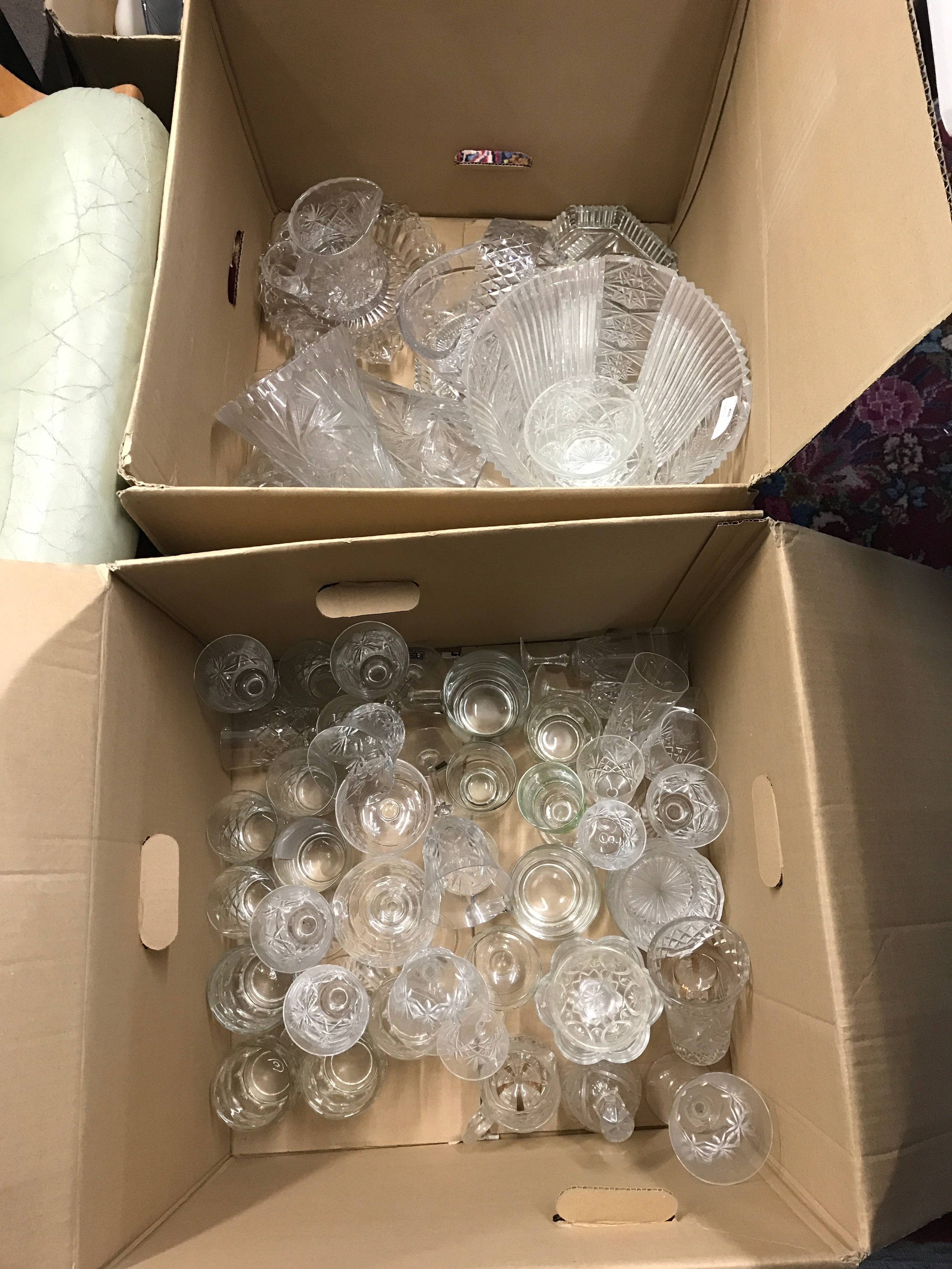 Two boxes of cut glass including vases, glasses etc , no reserve 