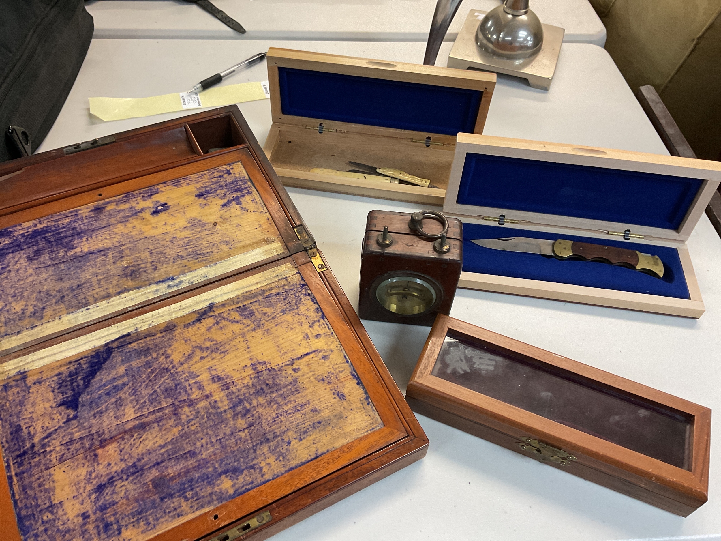 Three knife boxes, a writing slope and an amometer 