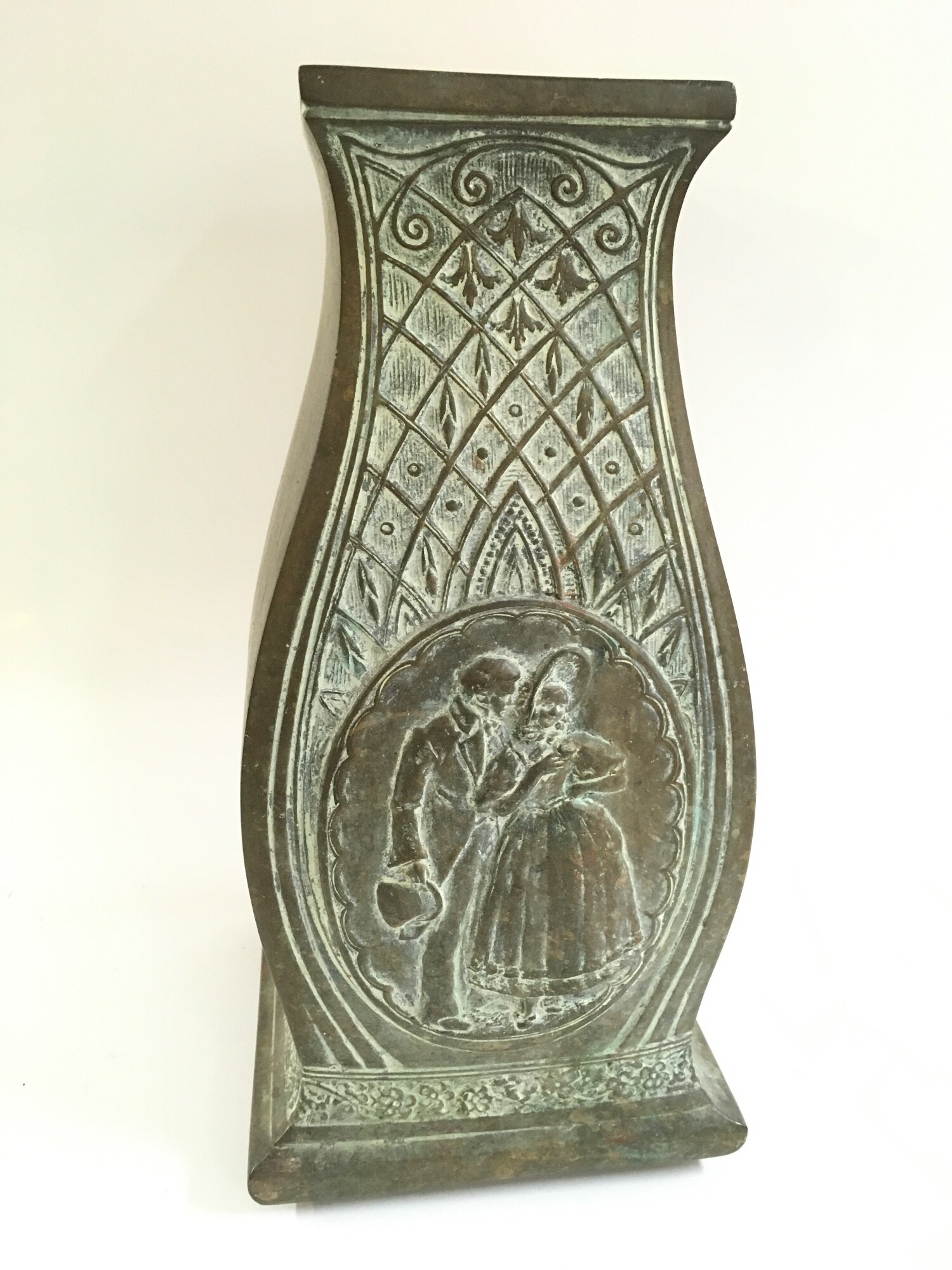 A bronze vase signed K.Schwartz with Major Quality and Mrs Street design, image later taken and used for Quality Street. 31cm tall NO RESERVE